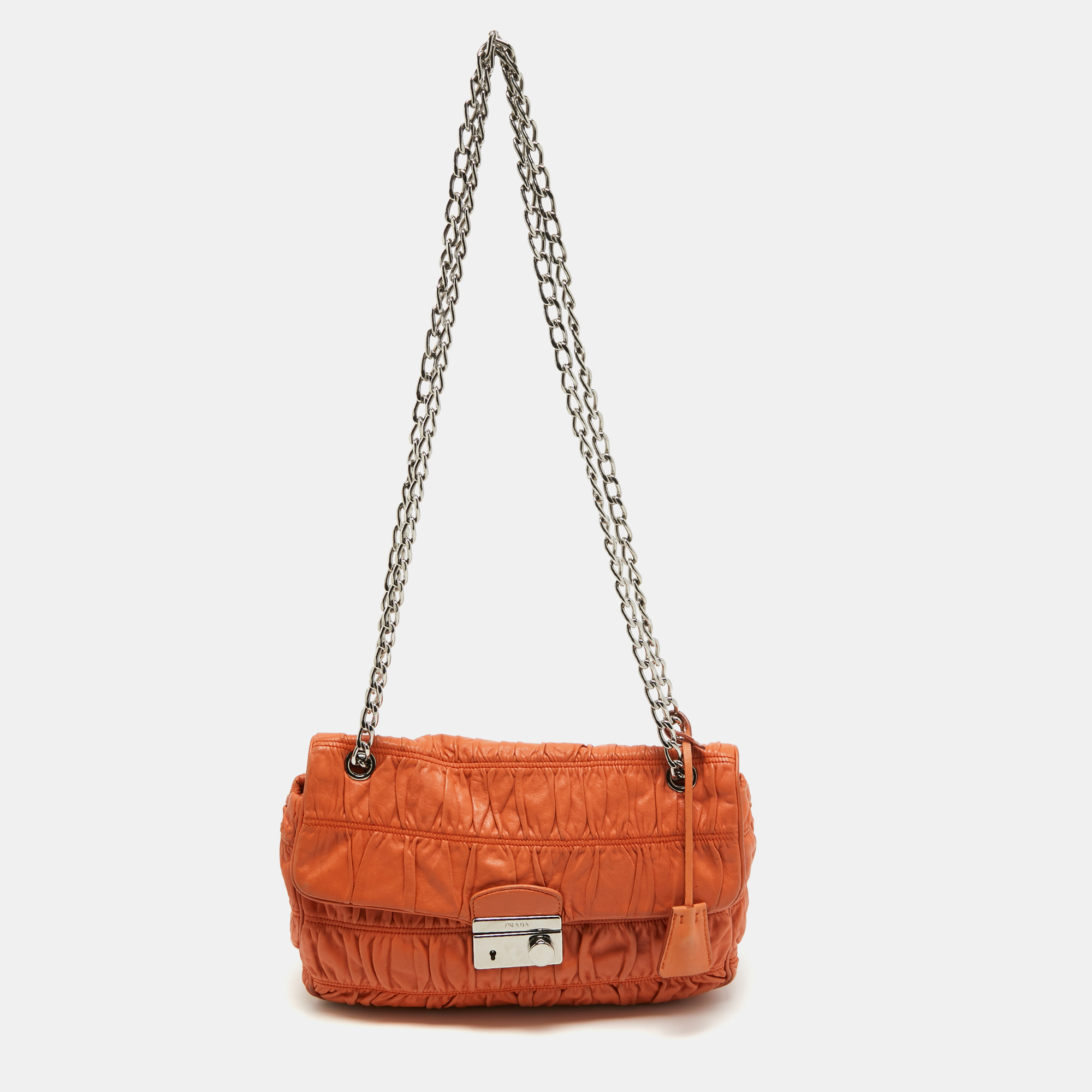 Pre-owned Prada Orange Gaufre Leather Medium Flap Shoulder Bag