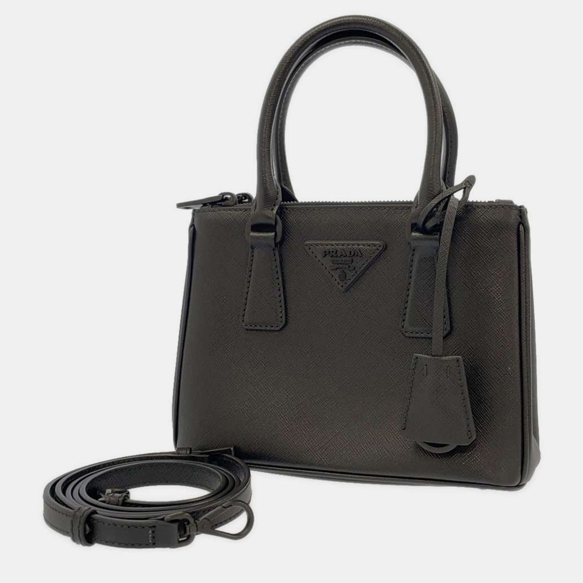 Pre-owned Prada Black Leather Mini Saffiano Lux Galleria Double Zip Tote