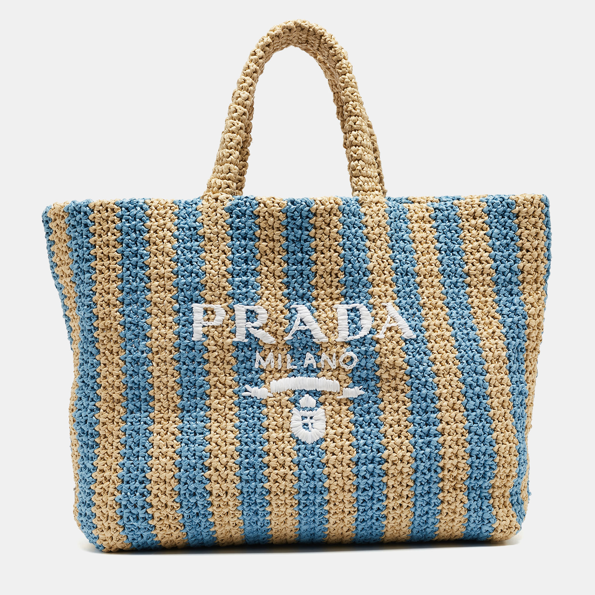 

Prada Tan/Light Blue Crochet Straw  Tote