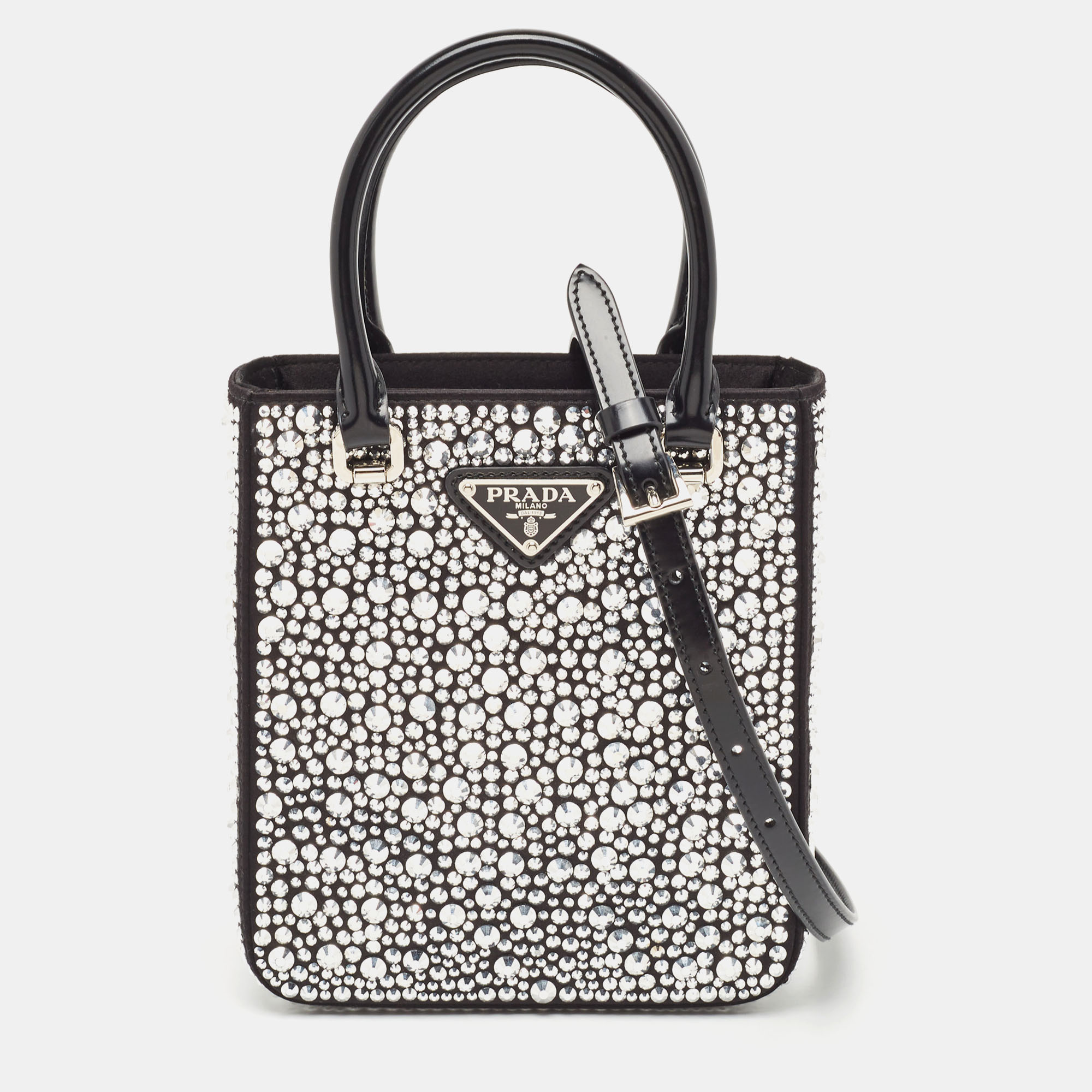 

Prada Black Satin and Leather Small Crystal Embellished Tote