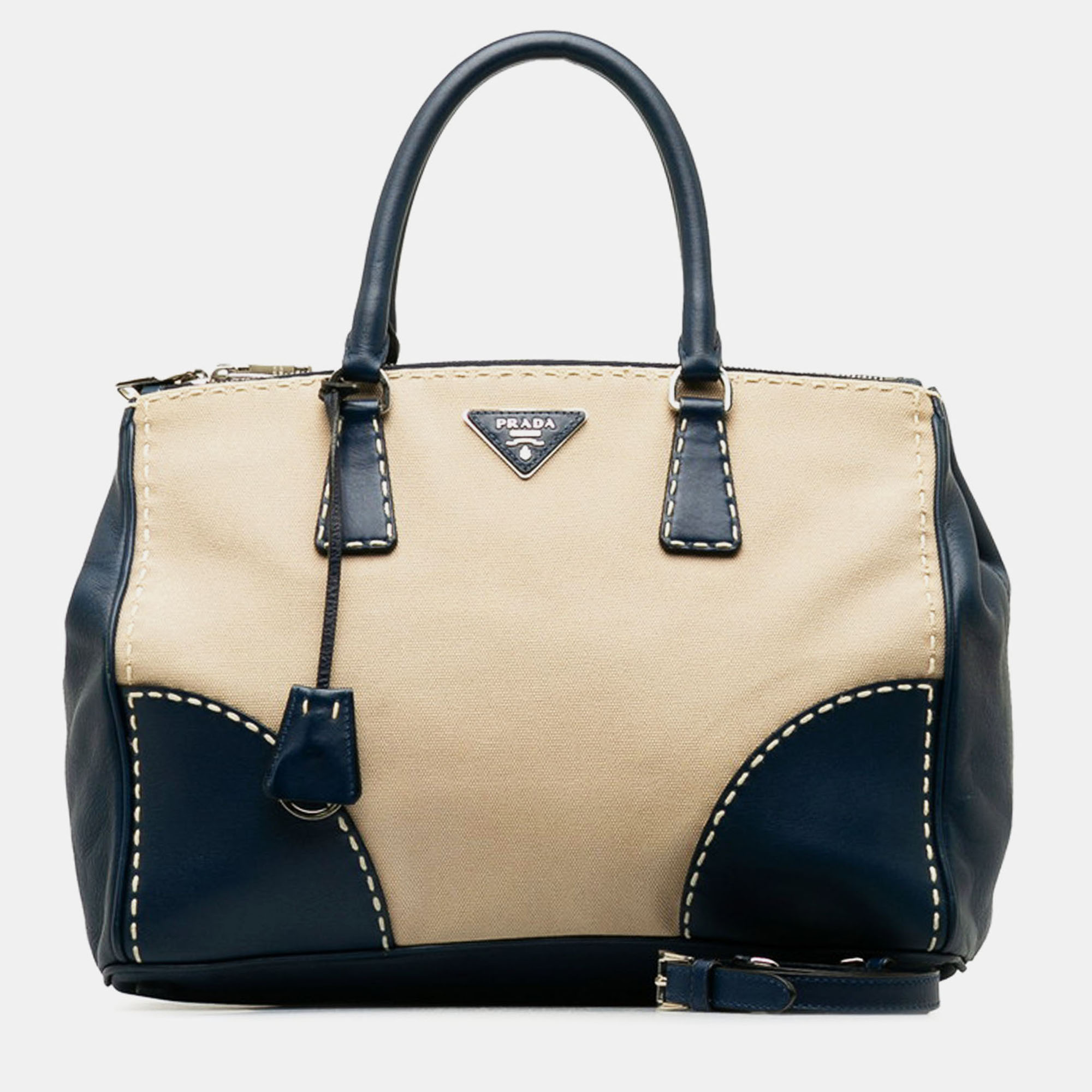 

Prada Blue Leather and Canvas Double Zip Convertible Tote Bag