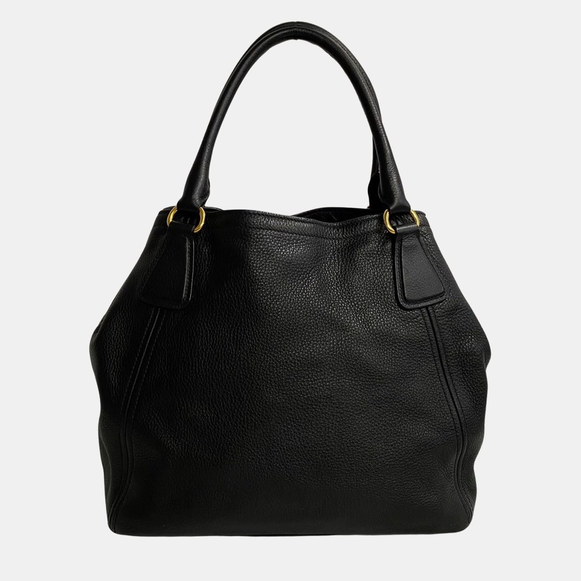 

Prada Black Leather Vitello Danio Shopper Tote Bag