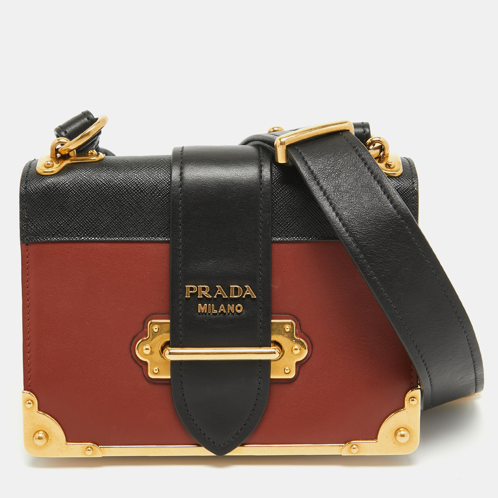 Pre-owned Prada Black/brick Brown Leather Cahier Shoulder Bag