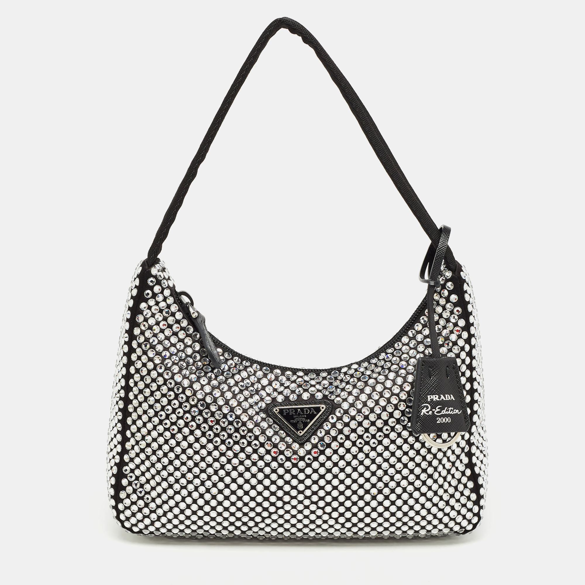 Pre Owned Prada Black Satin Crystals Re-Edition 2000 Baguette Bag