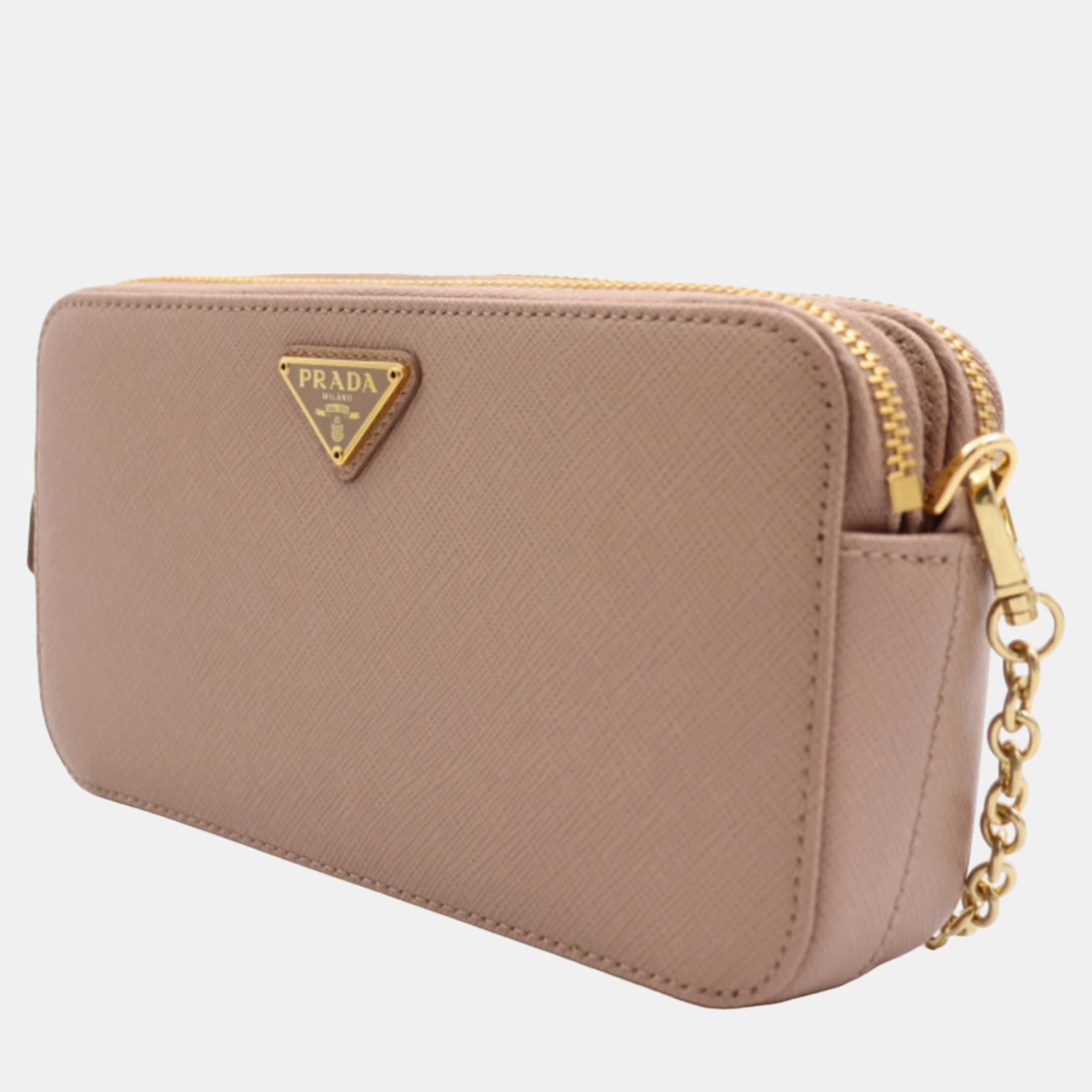 

Prada Beige Saffiano Leather Double Zip Wallet On Chain