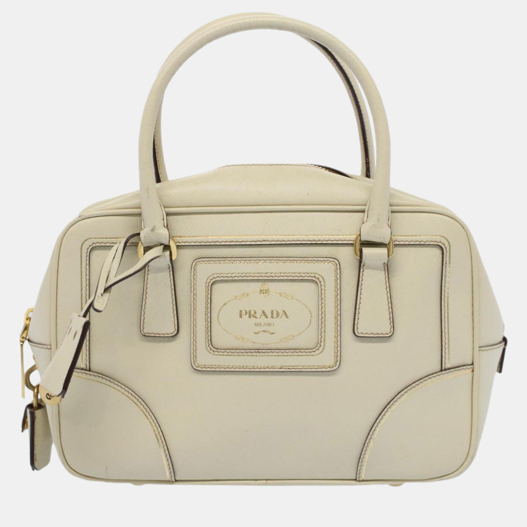 Pre-owned Prada White Leather Saffiano Bowling Bag