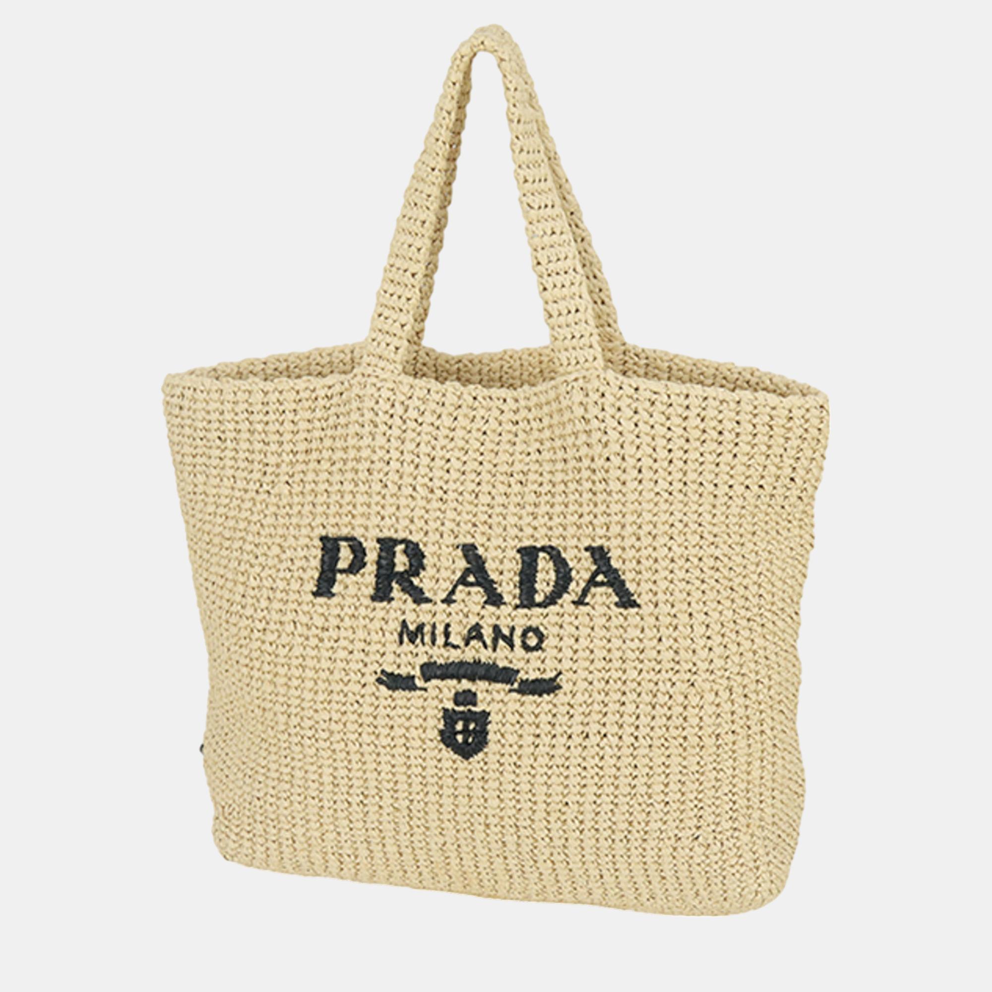 Pre-owned Prada Beige Raffia Logo Tote Bag