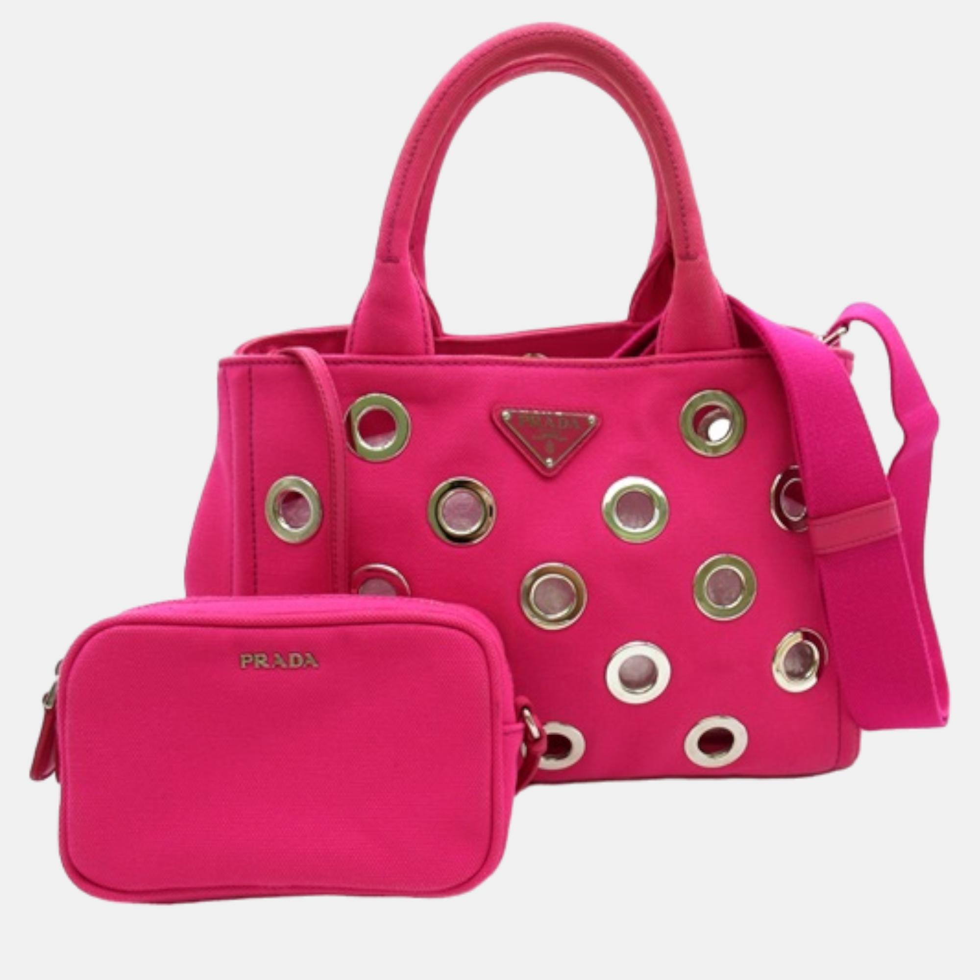 

Prada Pink Canvas Small Canapa Grommet Tote Bag