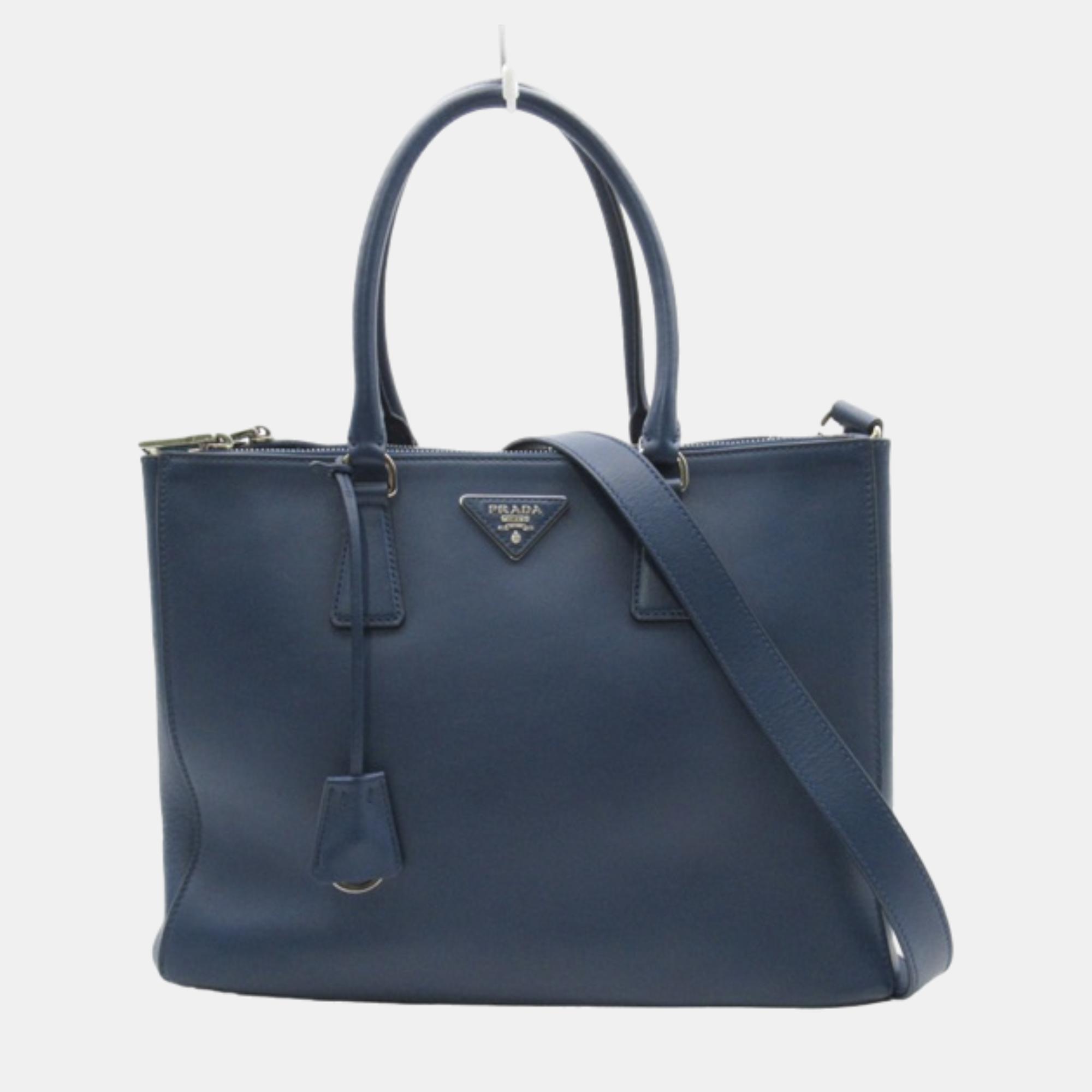 Pre Owned Prada Blue Leather Medium Saffiano Lux Double-Zip Galleria Tote Bag
