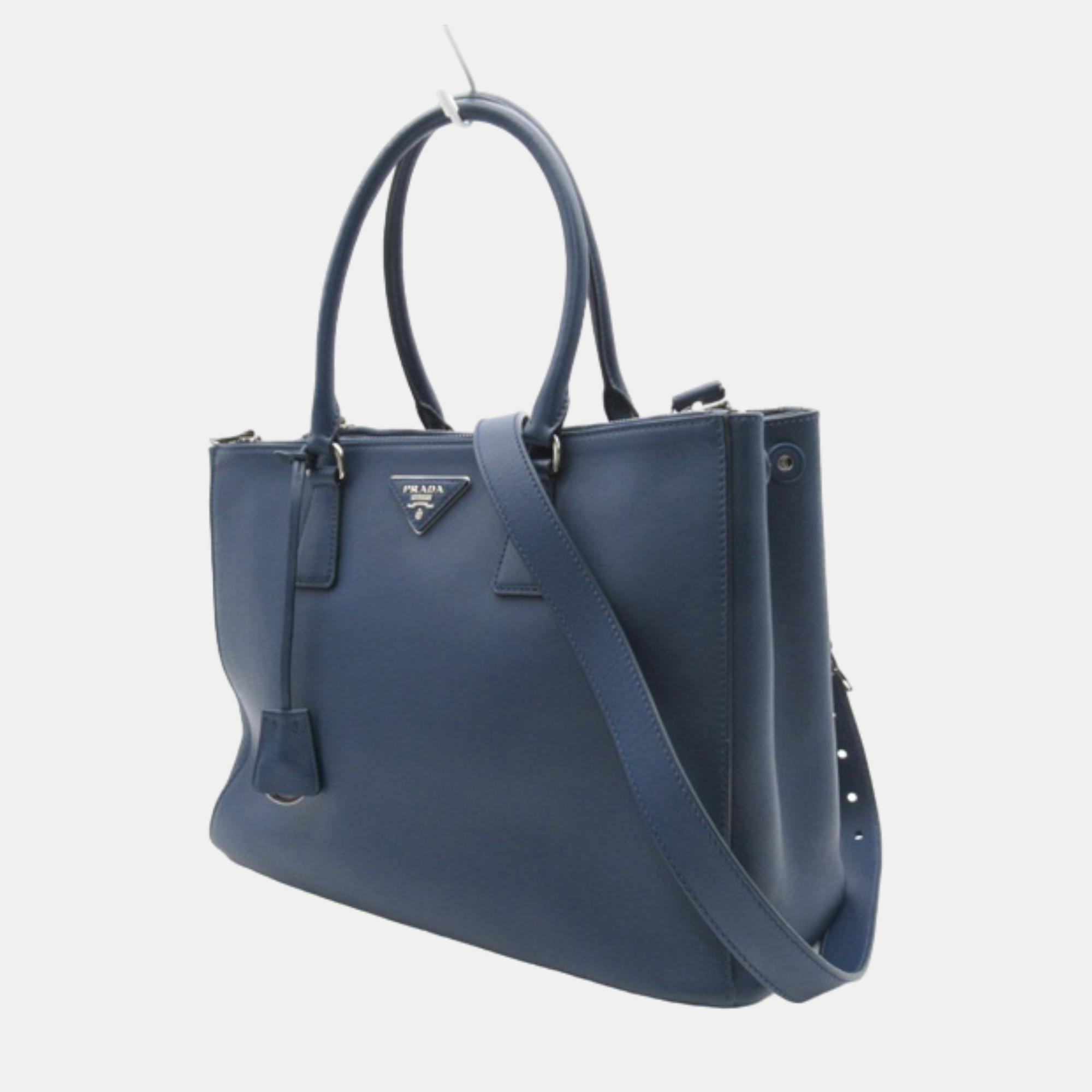 

Prada Blue Leather Medium Saffiano Lux Double-Zip Galleria Tote Bag