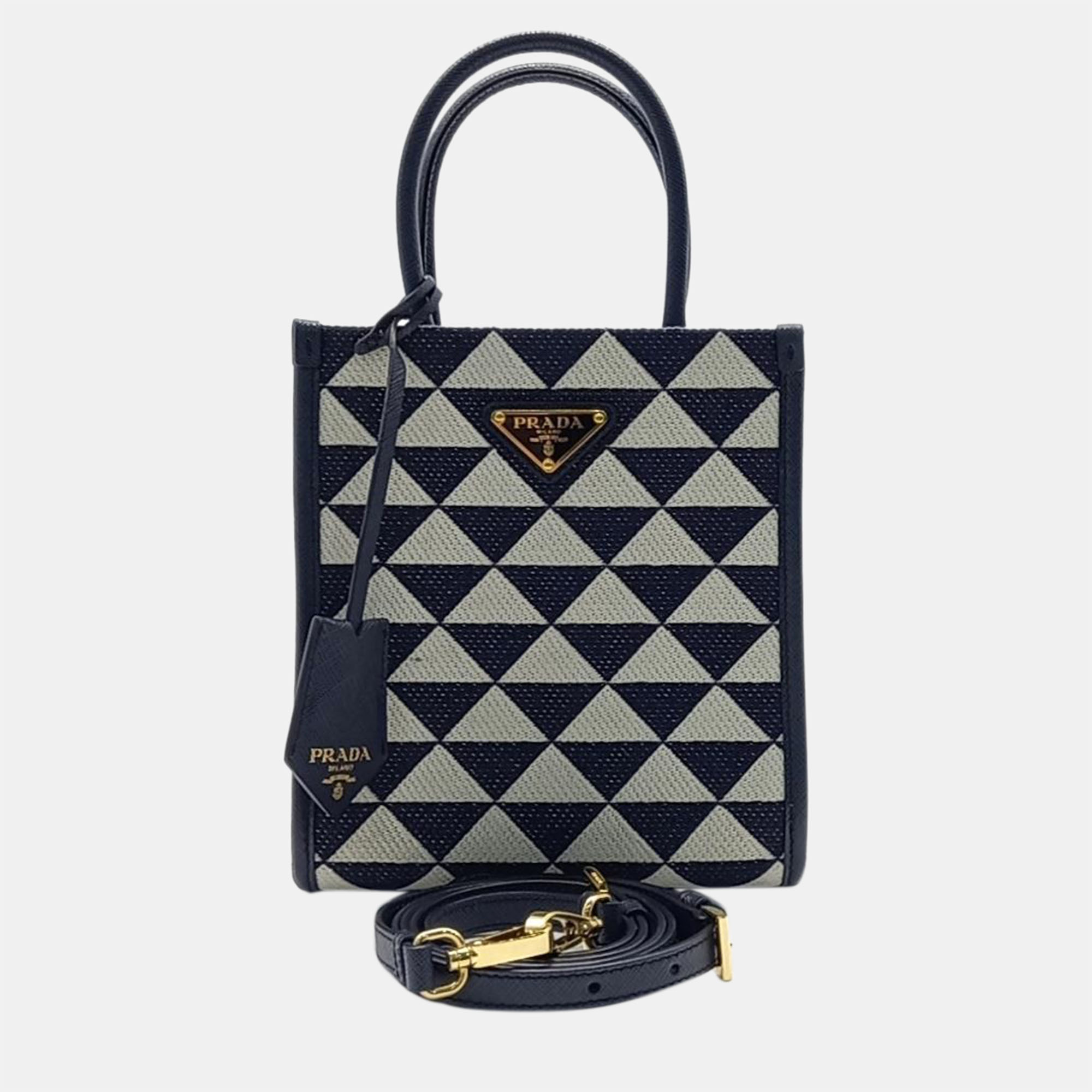Pre-owned Prada Navy And Ivory Symbol Jacquard Mini Tote And Crossbody Bag (1ba355) In Navy Blue