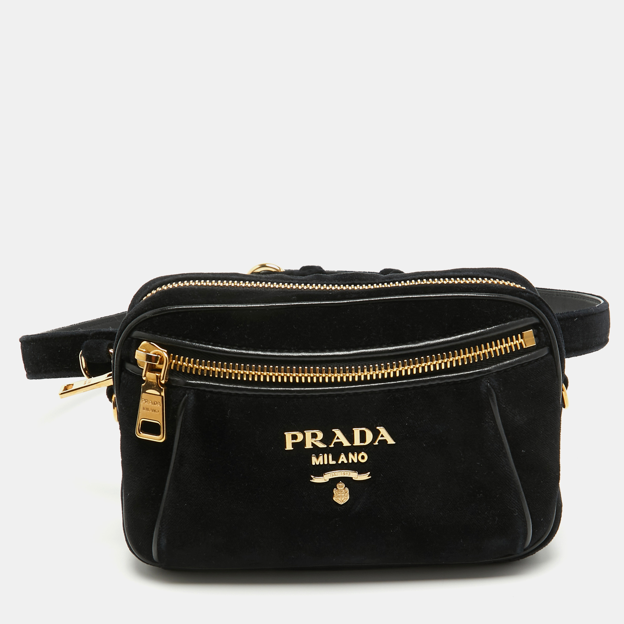 Pre-owned Prada Black Velvet And Leather Velluto Belt Bag