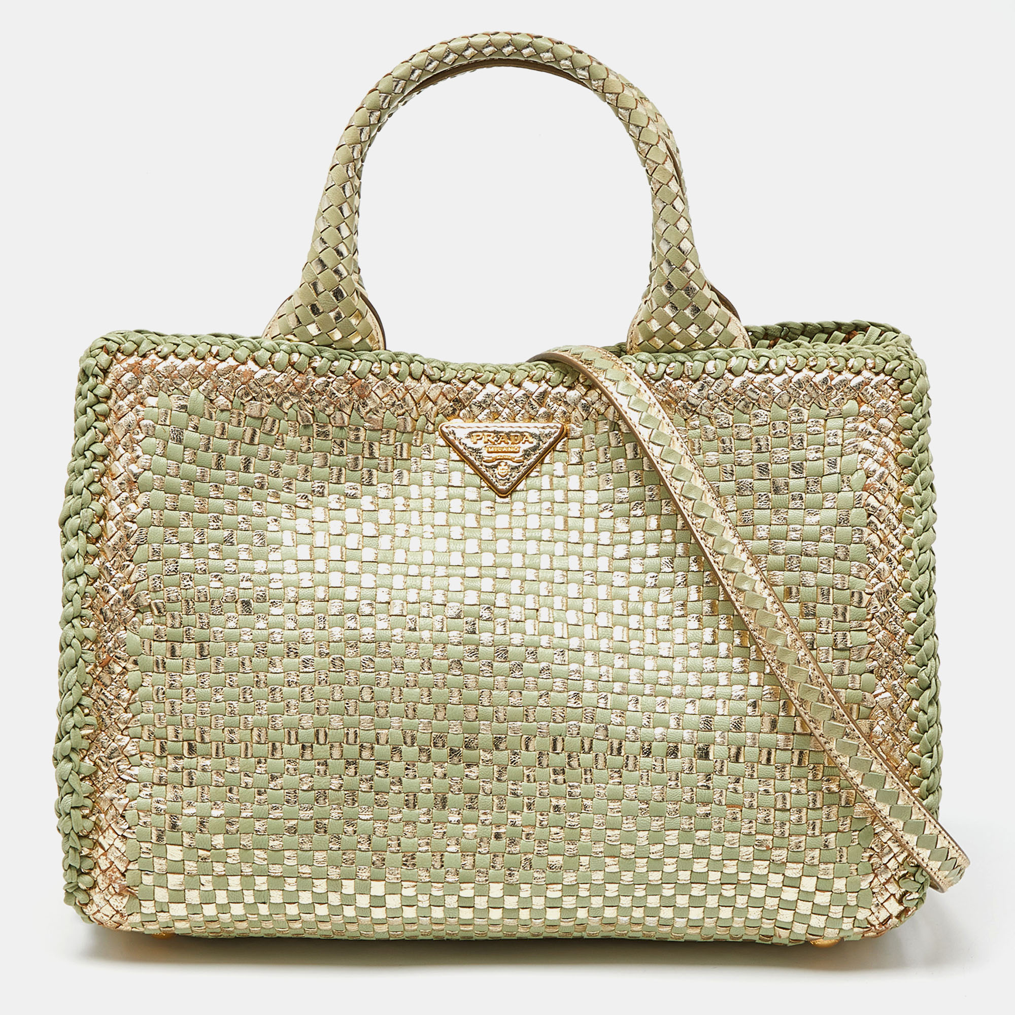 

Prada Gold/Green Wowen Madras Leather Tote