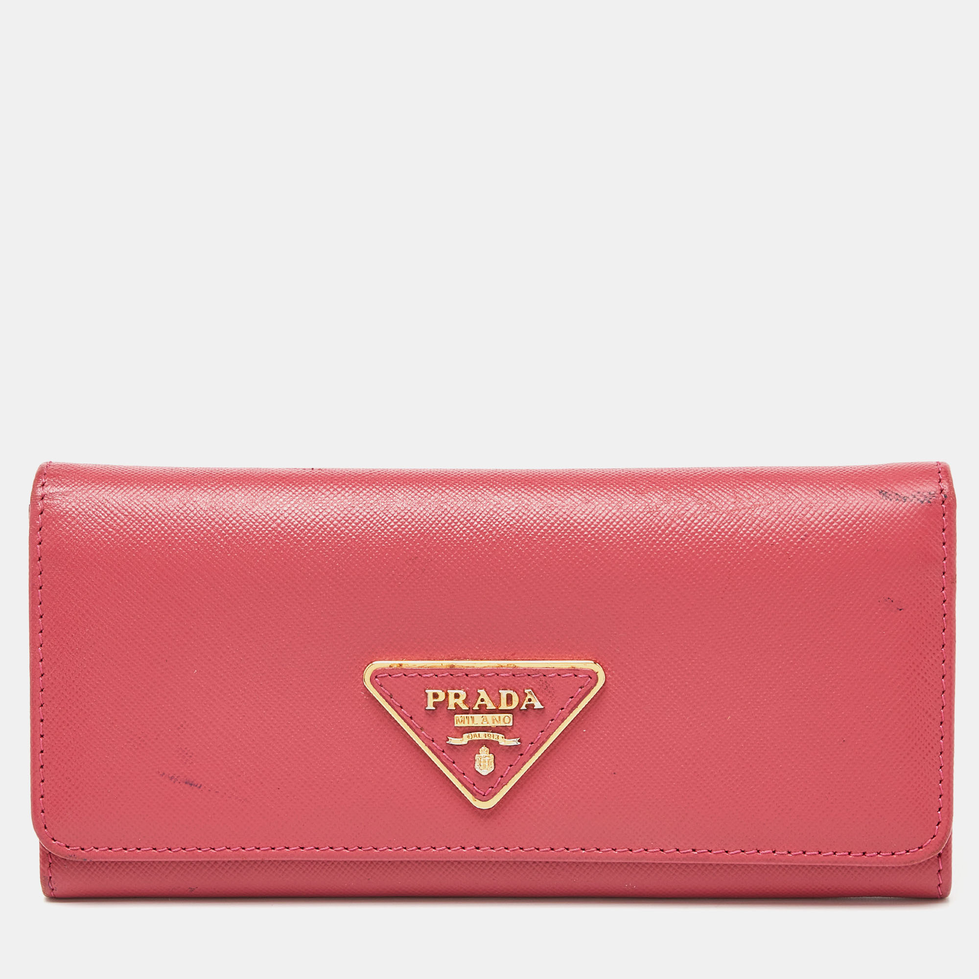 Pre-owned Prada Pink Saffiano Metal Leather Triangular Logo Flap Wallet