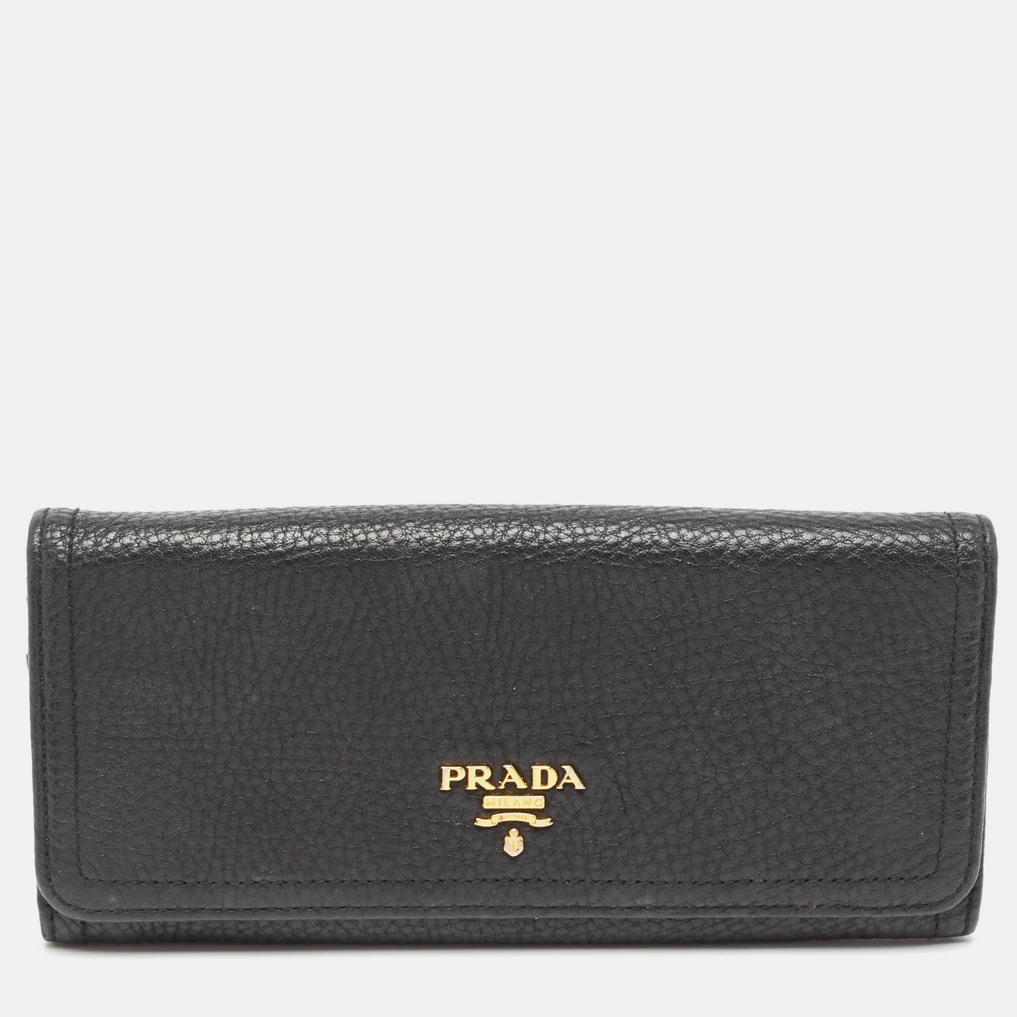 

Prada Black Vitello Daino Leather Logo Flap Continental Wallet