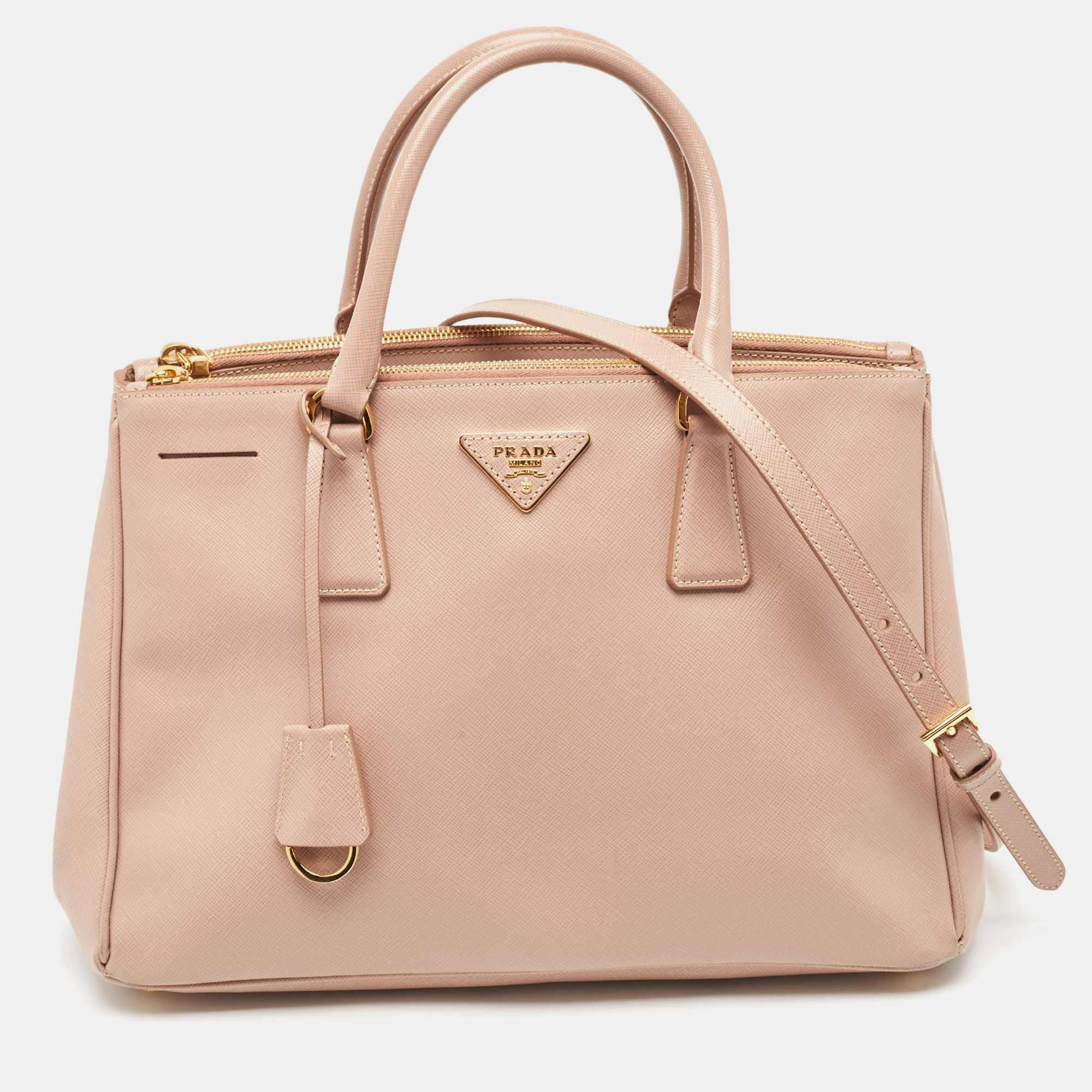 

Prada Rose Poudre Saffiano Lux Leather  Double Zip Tote, Pink