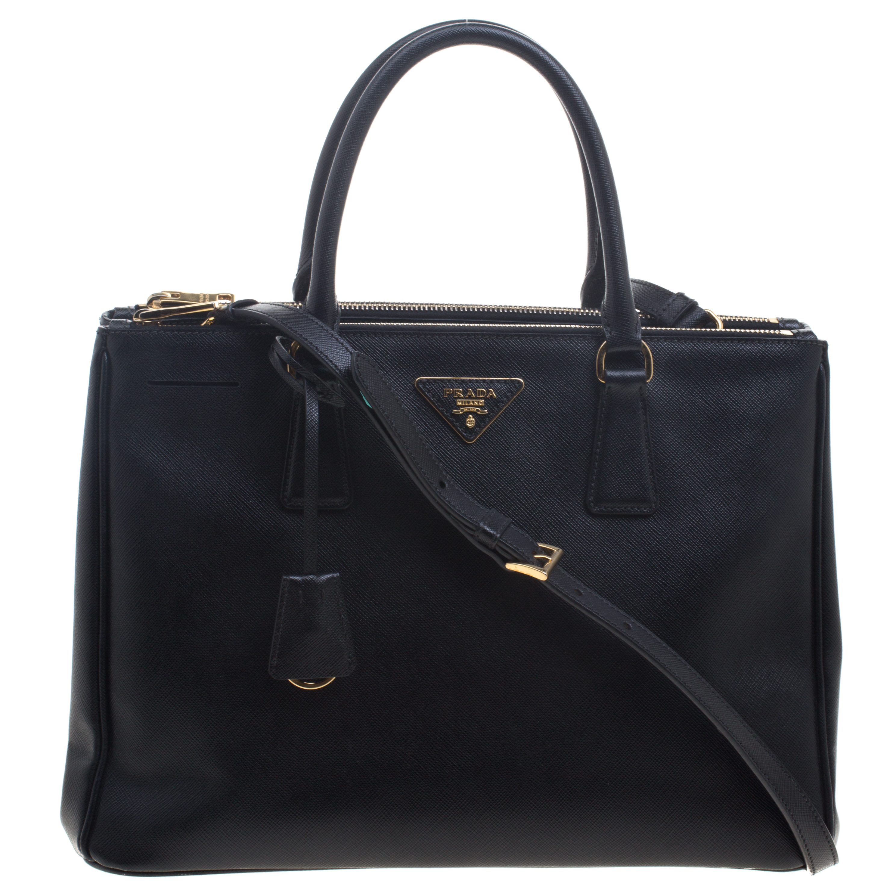 Pre Owned Prada Black Saffiano Lux Leather Double Zip Tote