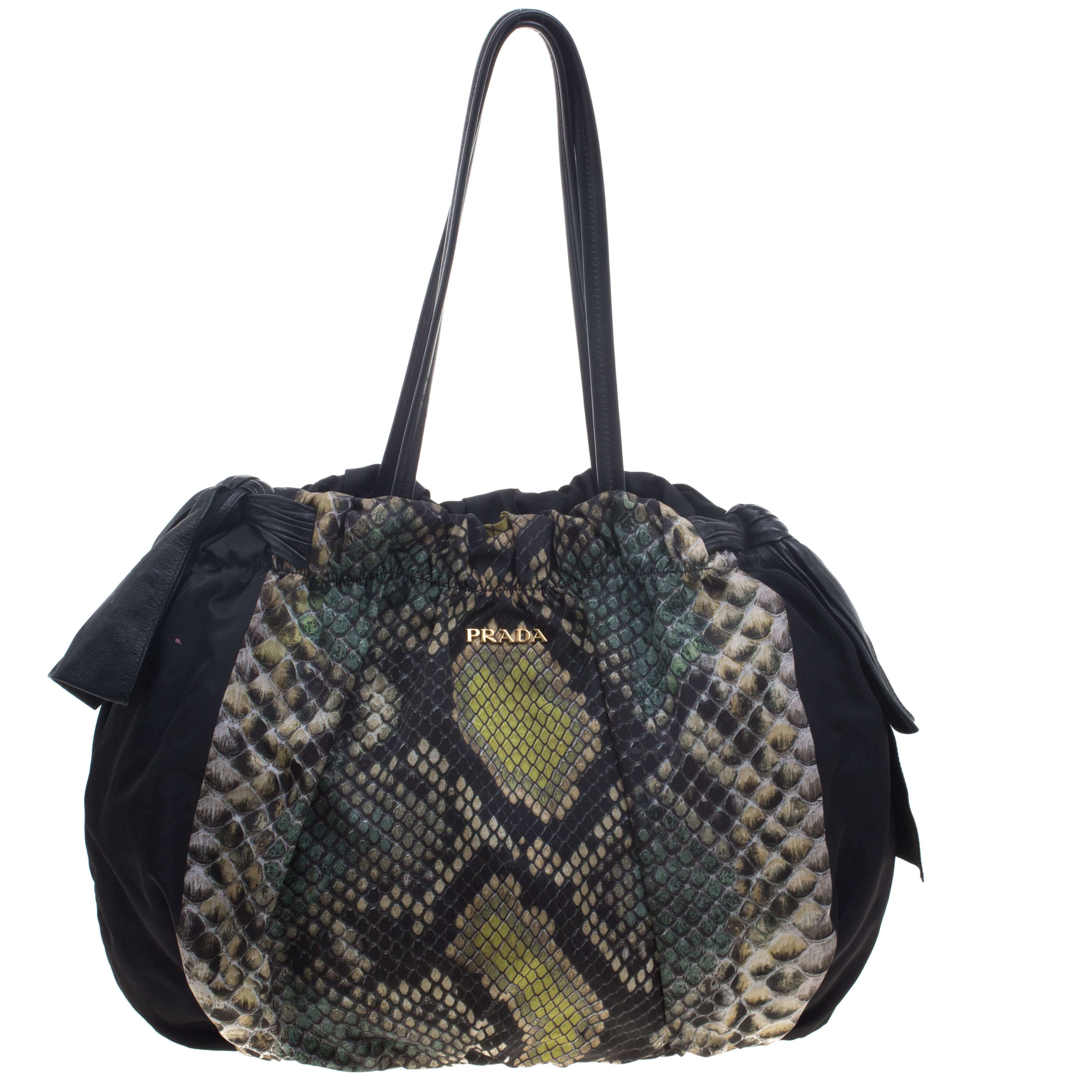 Pre Owned Prada Black Green Python Print Nylon St. Pitone Hobo