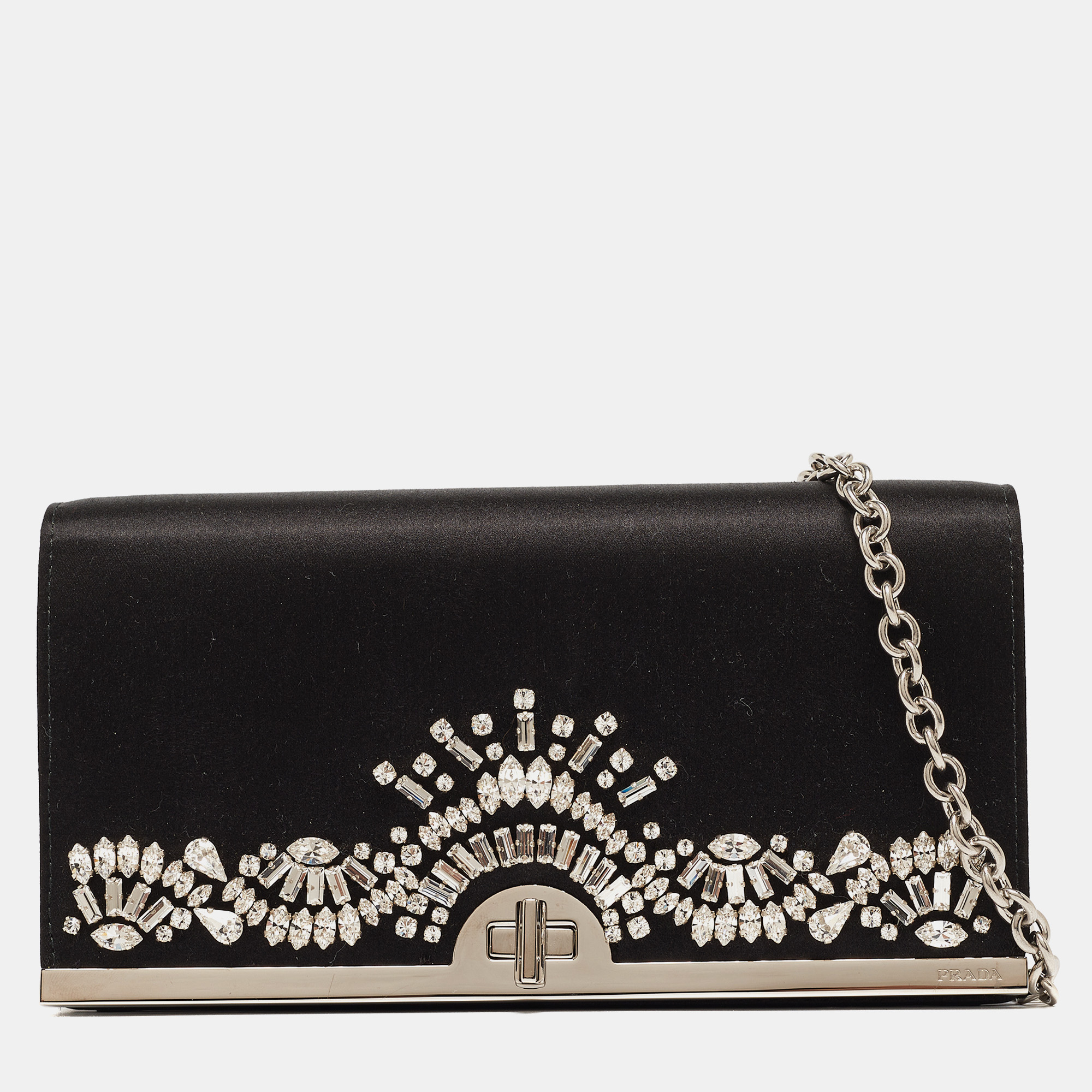 Pre-owned Prada Black Satin Crystals Embellished Flap Chain Clutch