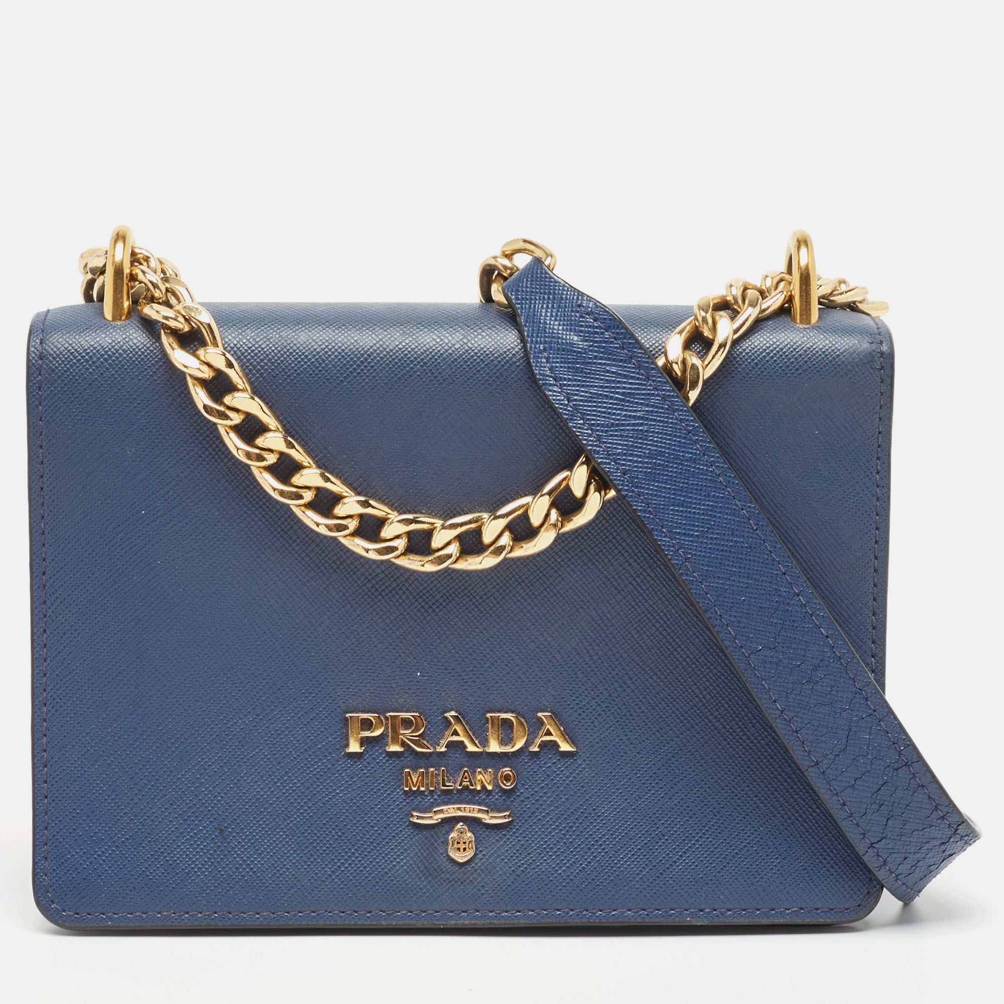 Pre-owned Prada Blue Saffiano And Soft Leather Chain Flap Shoulder Bag