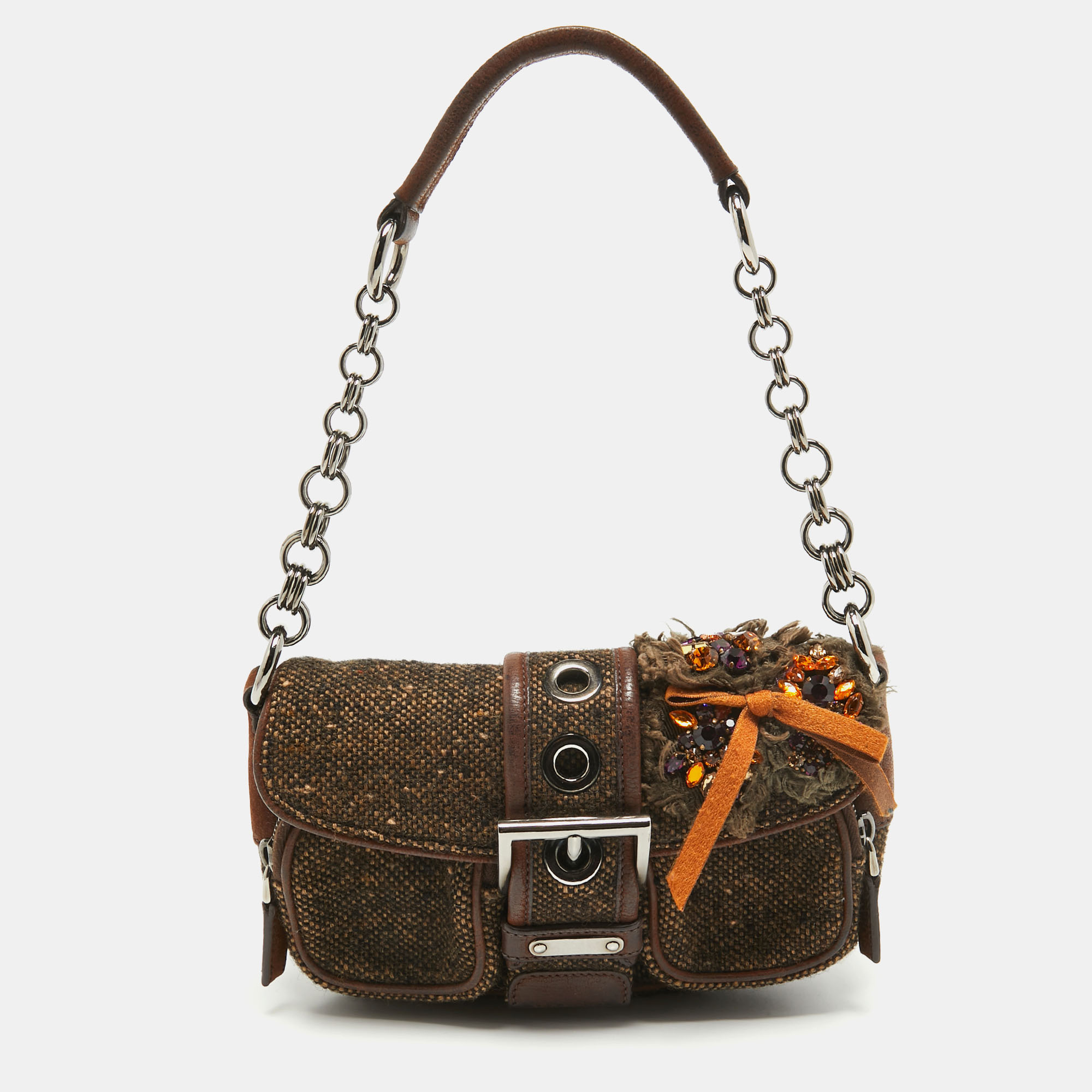 Pre-owned Prada Dark Brown Wool And Learher Crystals Embellished Buckle Flap Bag