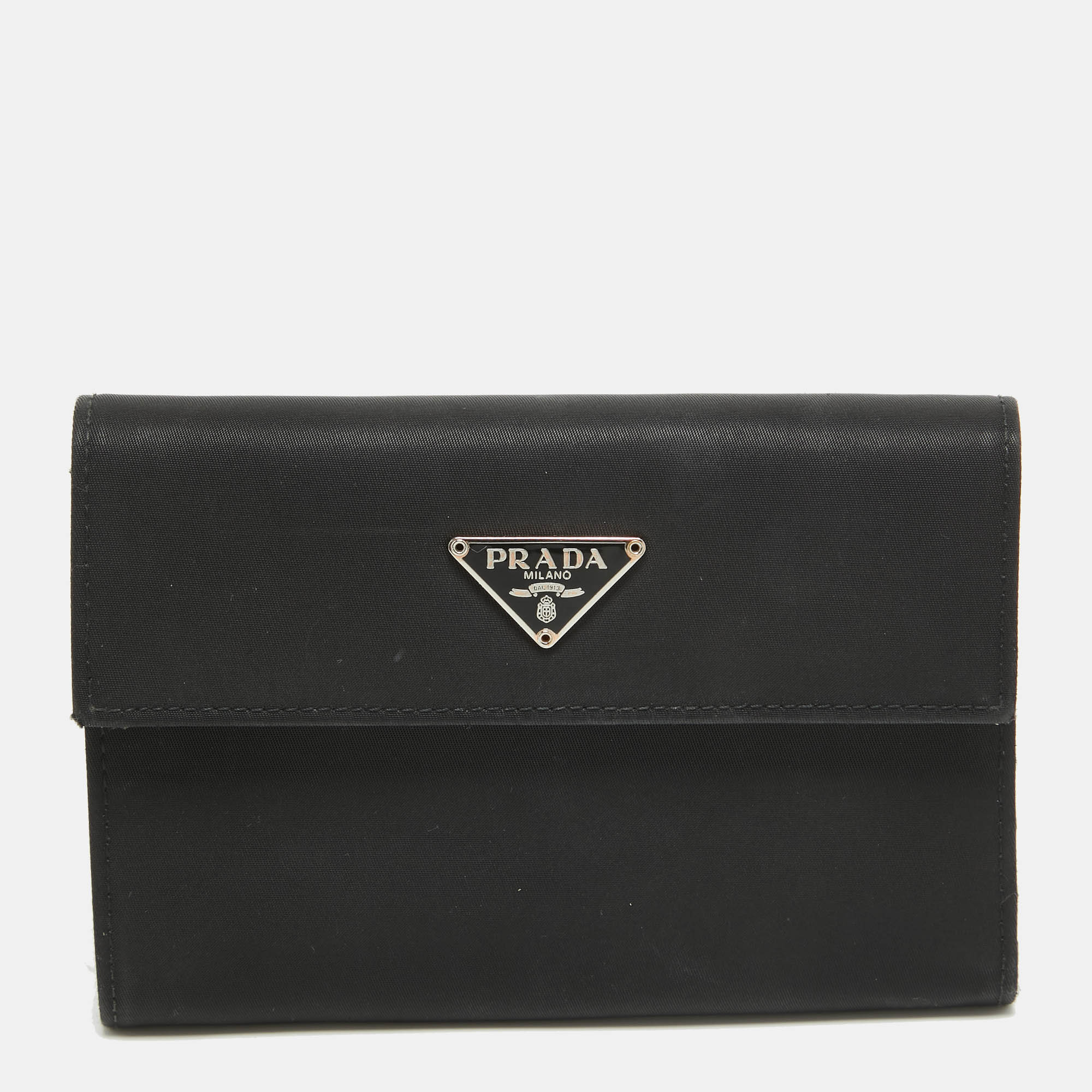 

Prada Black Nylon Logo Flap Trifold Wallet