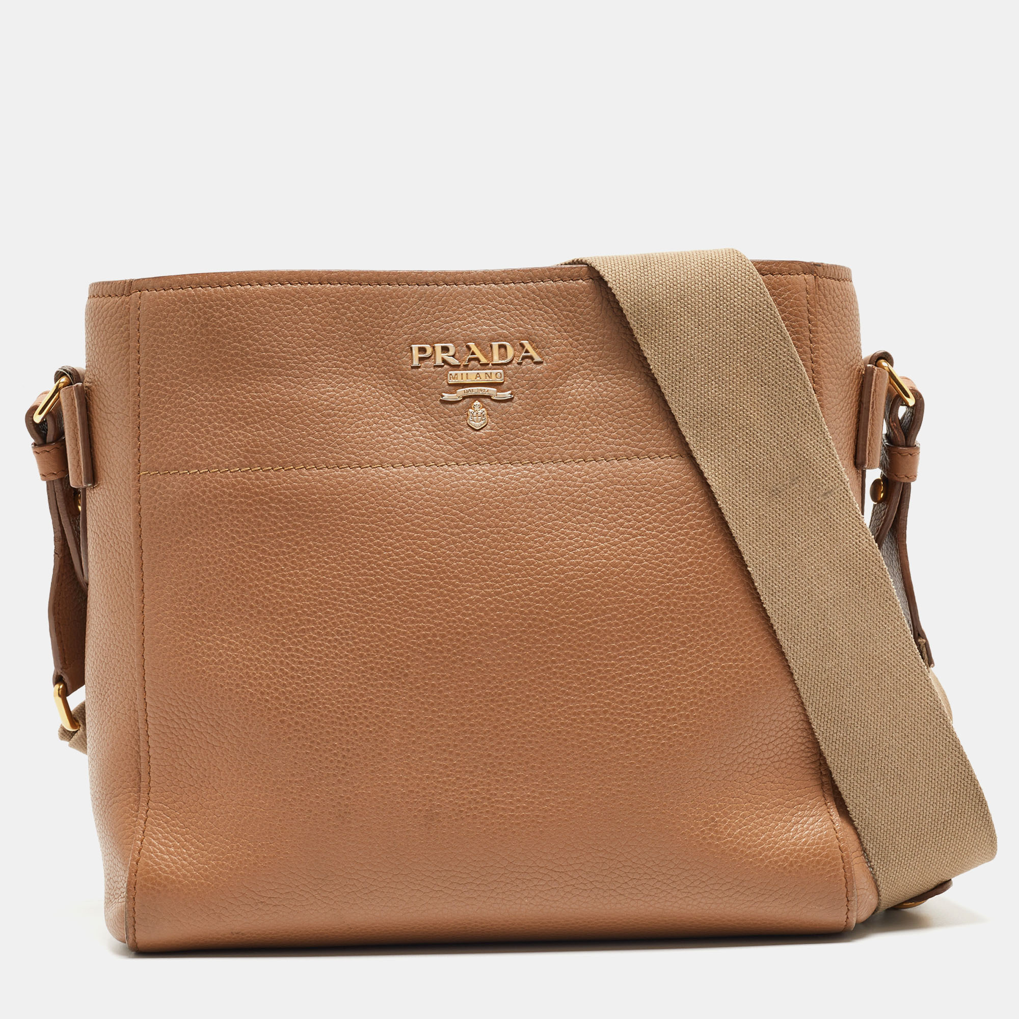 Pre-owned Prada Brown Vitello Daino Leather Logo Shoulder Bag