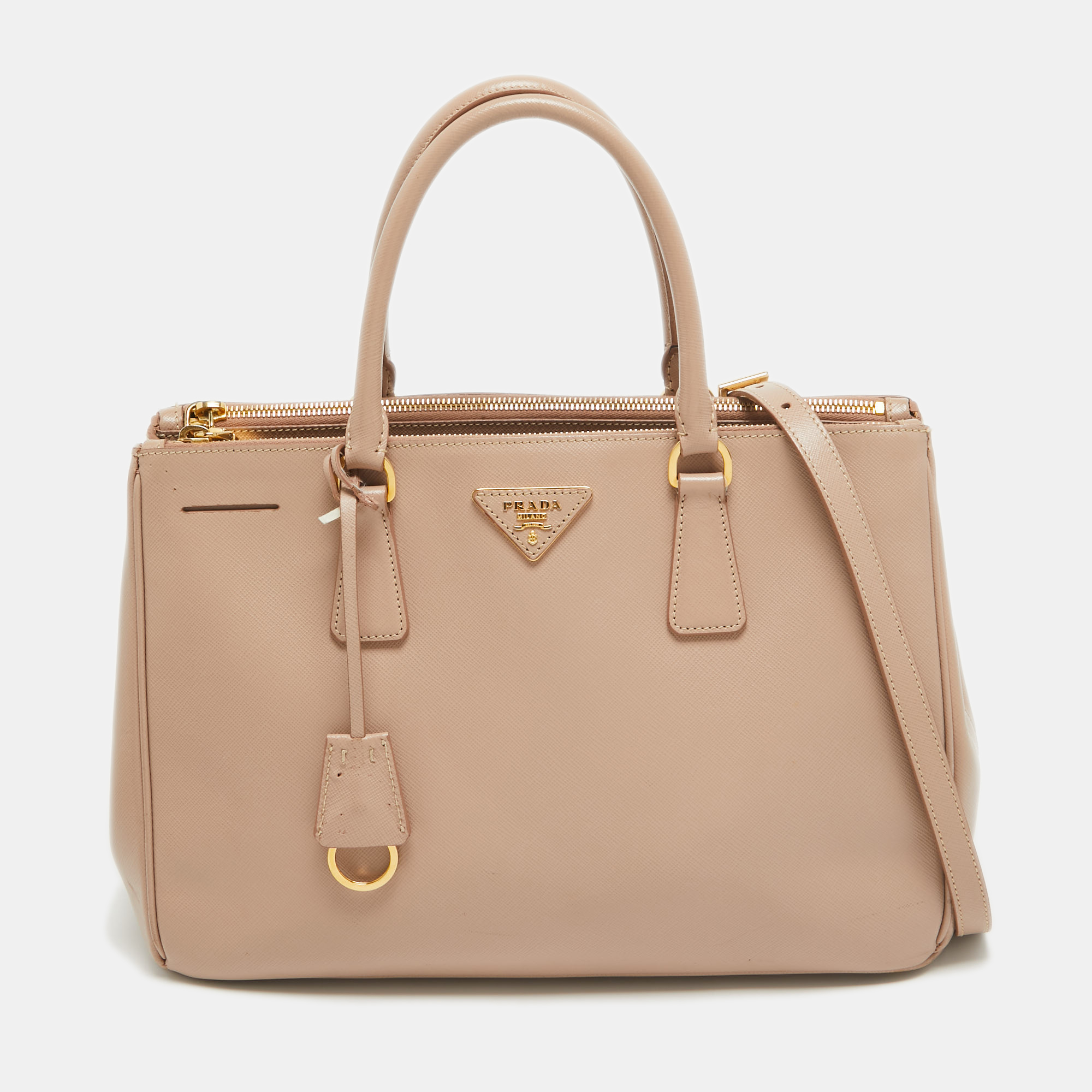

Prada Rose Poudre Saffiano Lux Leather  Double Zip Tote, Pink
