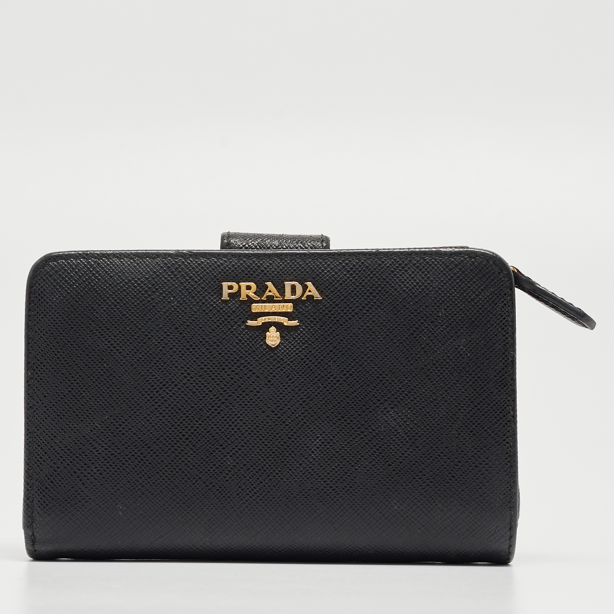 Pre-owned Prada Black Saffiano Leather Zip Around Compact Wallet