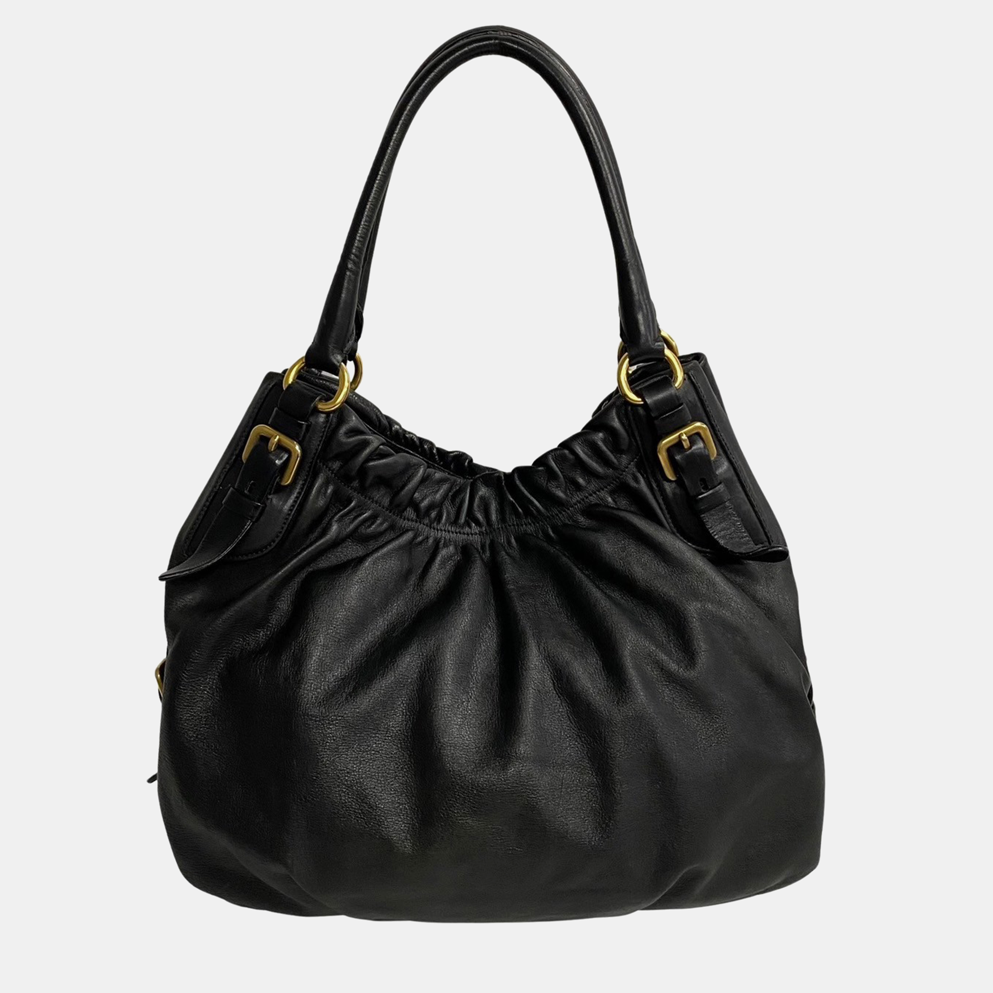 

Prada Black Leather Soft Calf Buckle Tote Bag