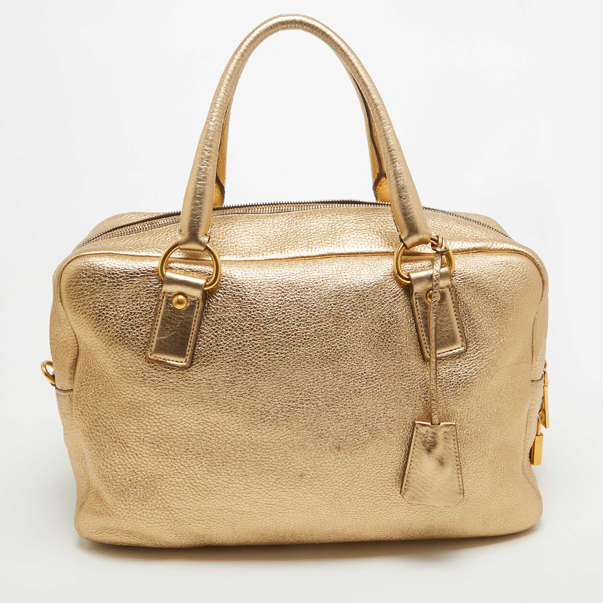 Pre-owned Prada Gold Vitello Daino Leather Large Bauletto Bag