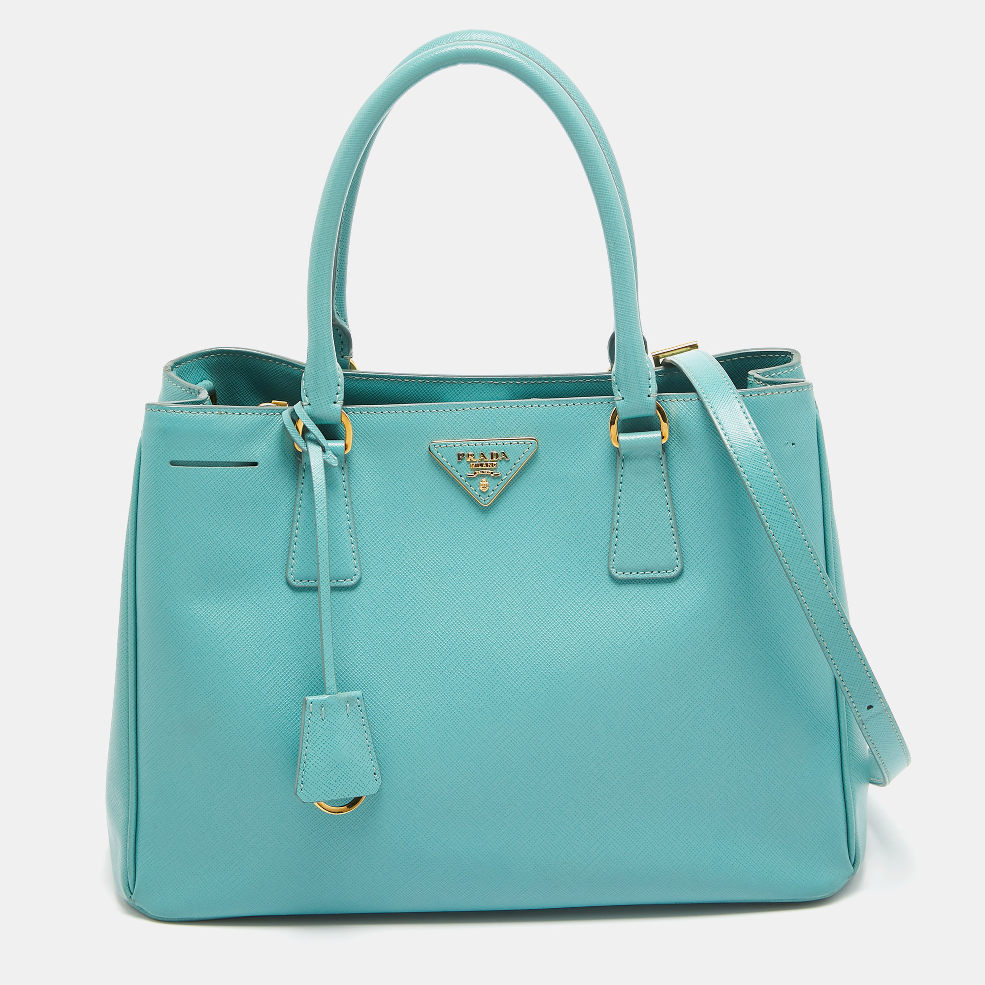 Pre-owned Prada Turquoise Blue Saffiano Leather Medium Middle Zip Tote