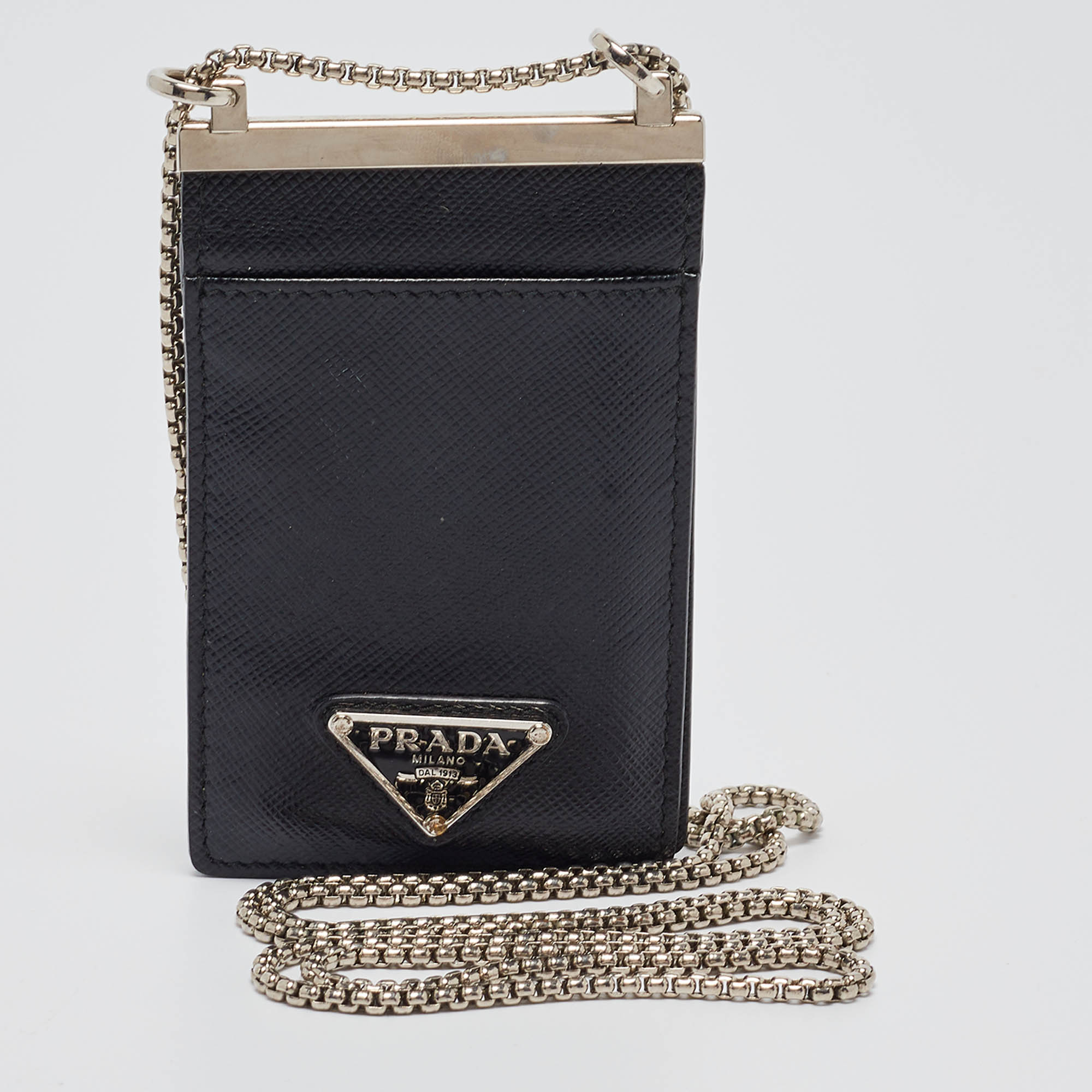 Pre-owned Prada Black Brushed Leather Chain Card Holder