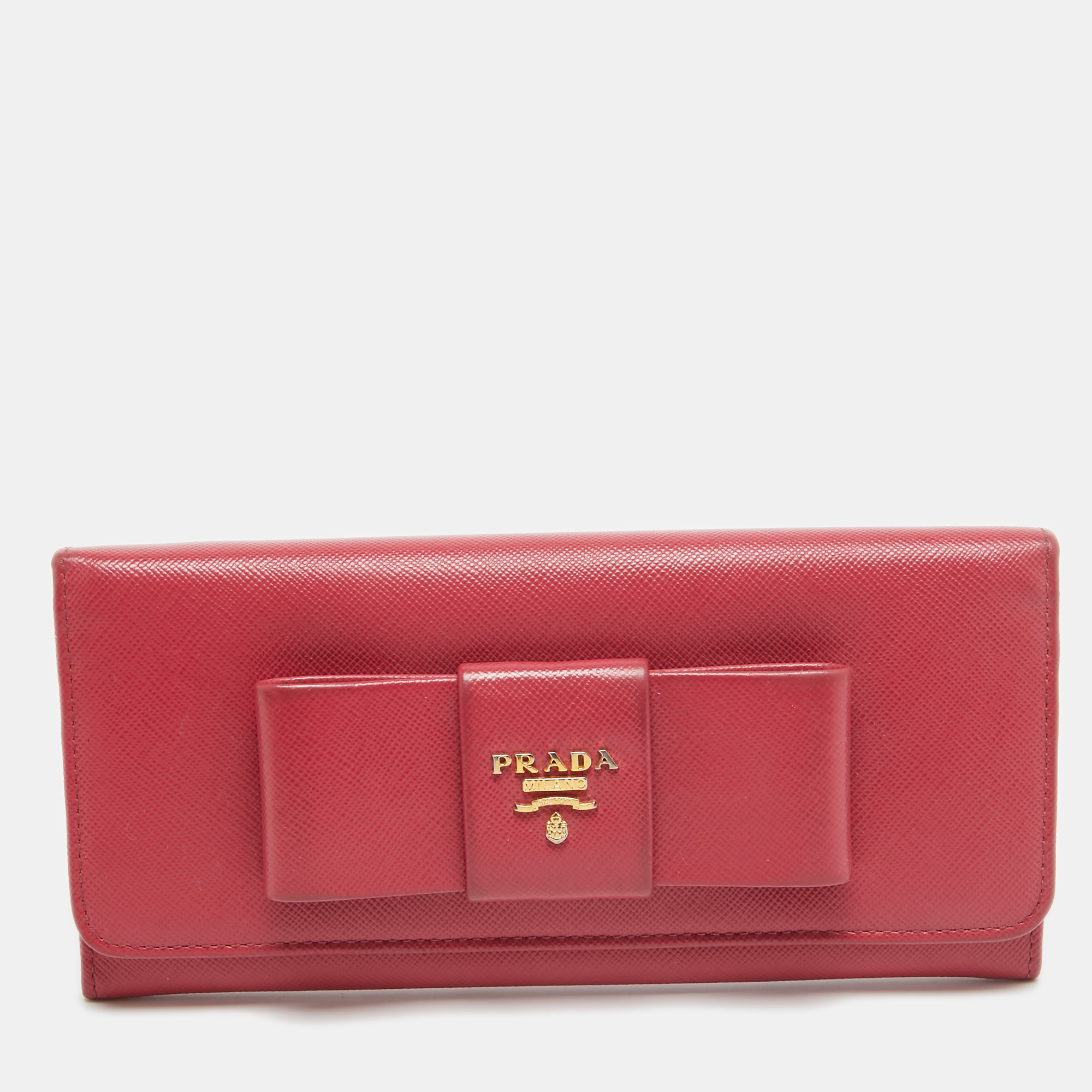 

Prada Pink Saffiano Metal Leather Bow Flap Continental Wallet