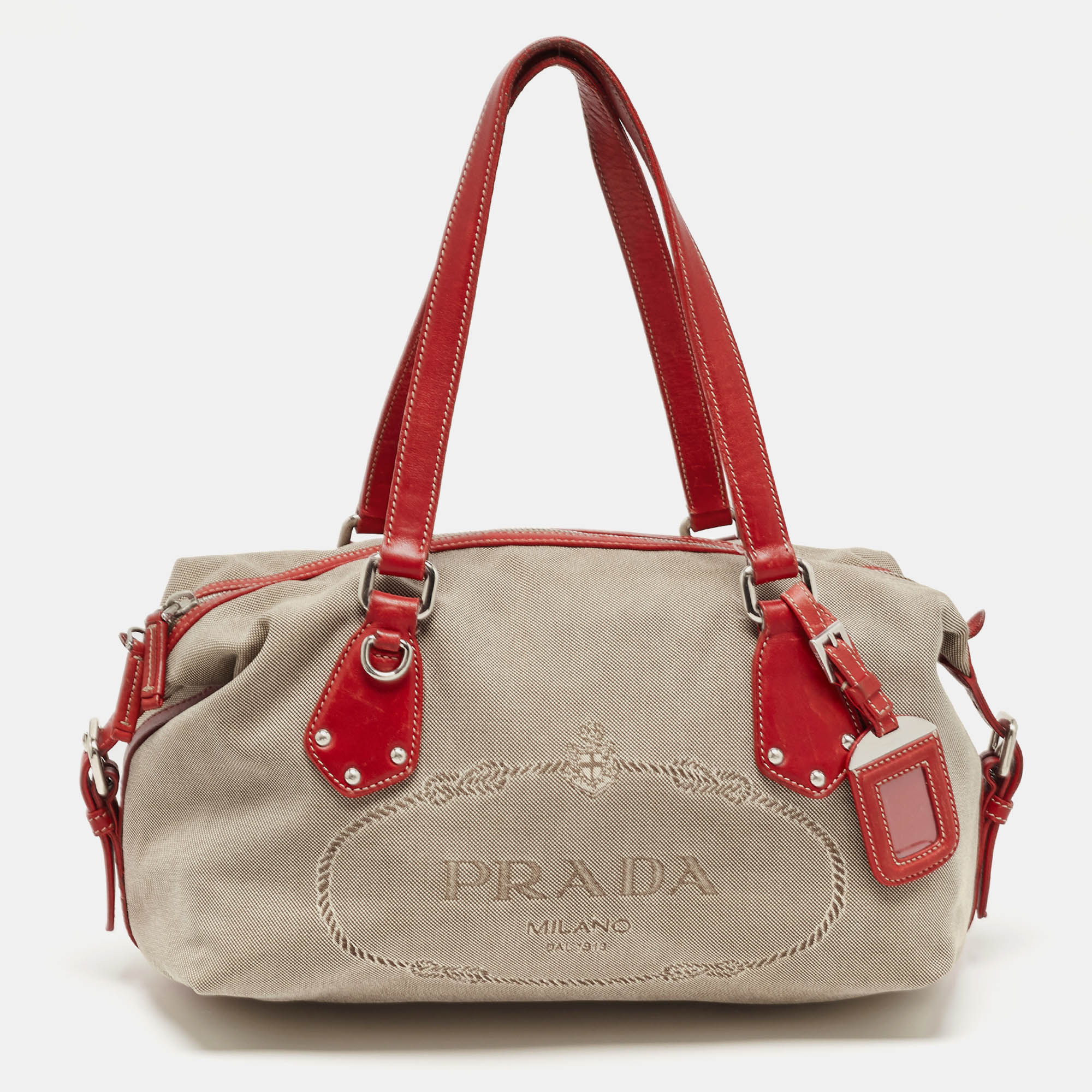 Pre-owned Prada Beige/red Logo Jacquard Fabric And Leather Bag