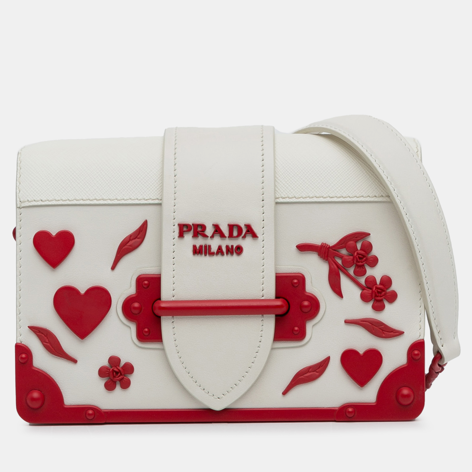 Pre-owned Prada Saffiano Trimmed City Calf Cahier Flower Heart Bag In White