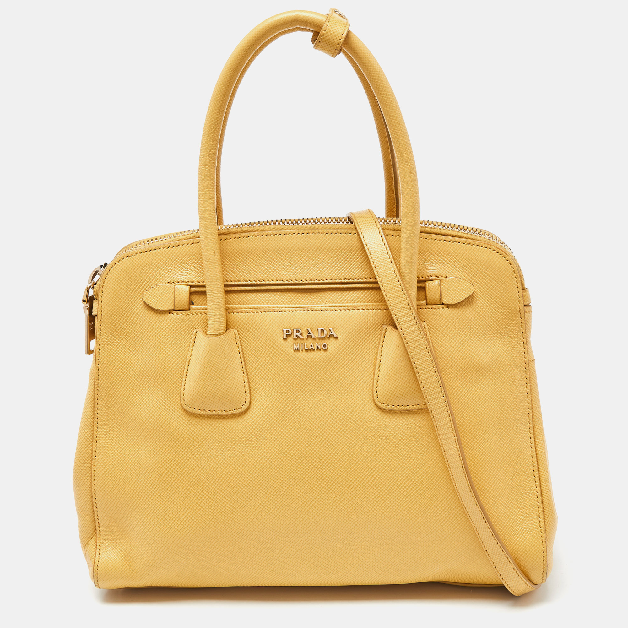 Pre-owned Prada Yellow Saffiano Lux Leather Satchel