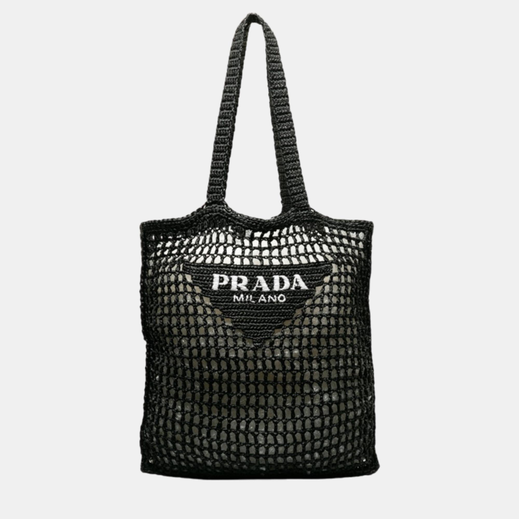 Pre-owned Prada Black Natural Material Raffia Logo Tote Bag