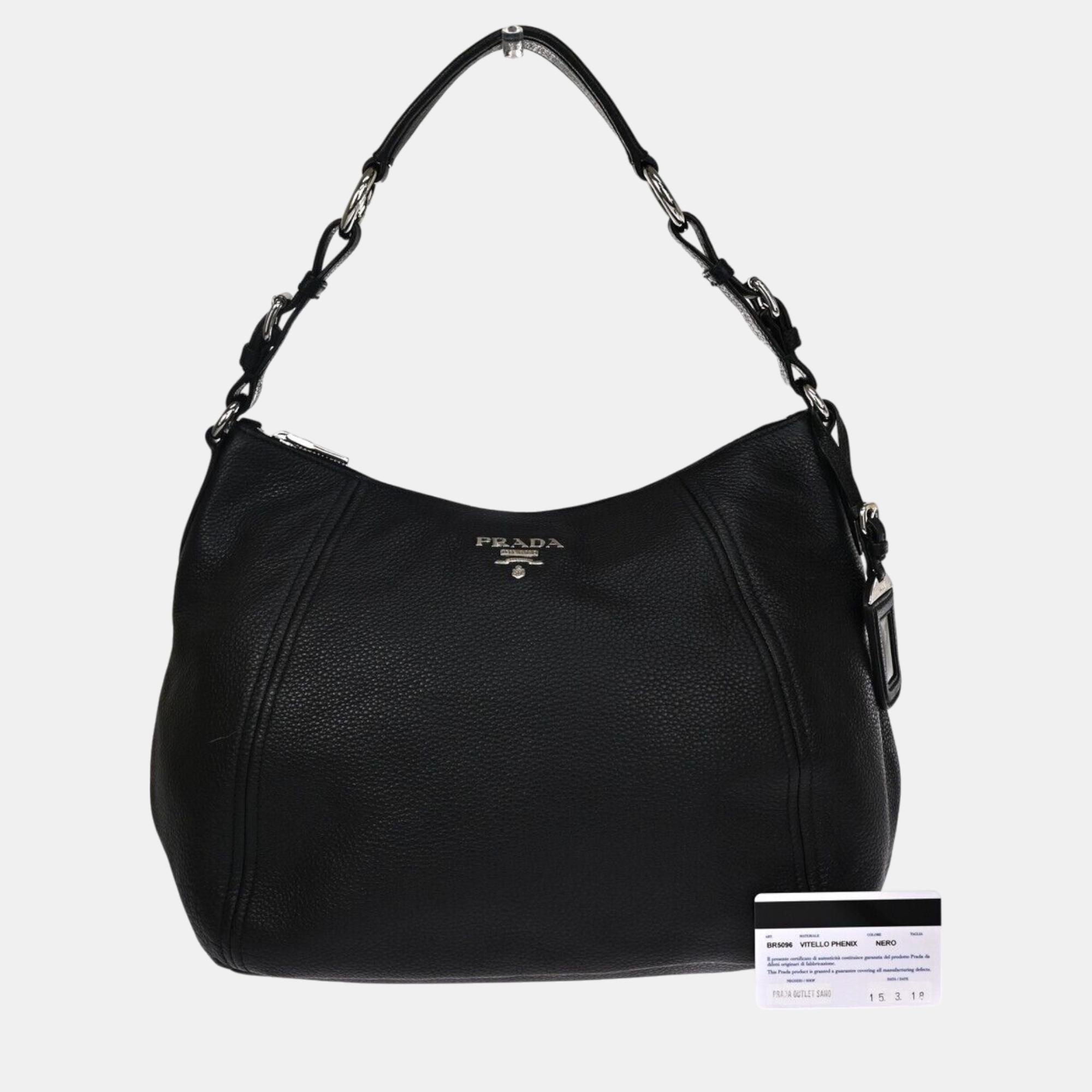 Pre-owned Prada Black Leather Vitello Hobo Bag
