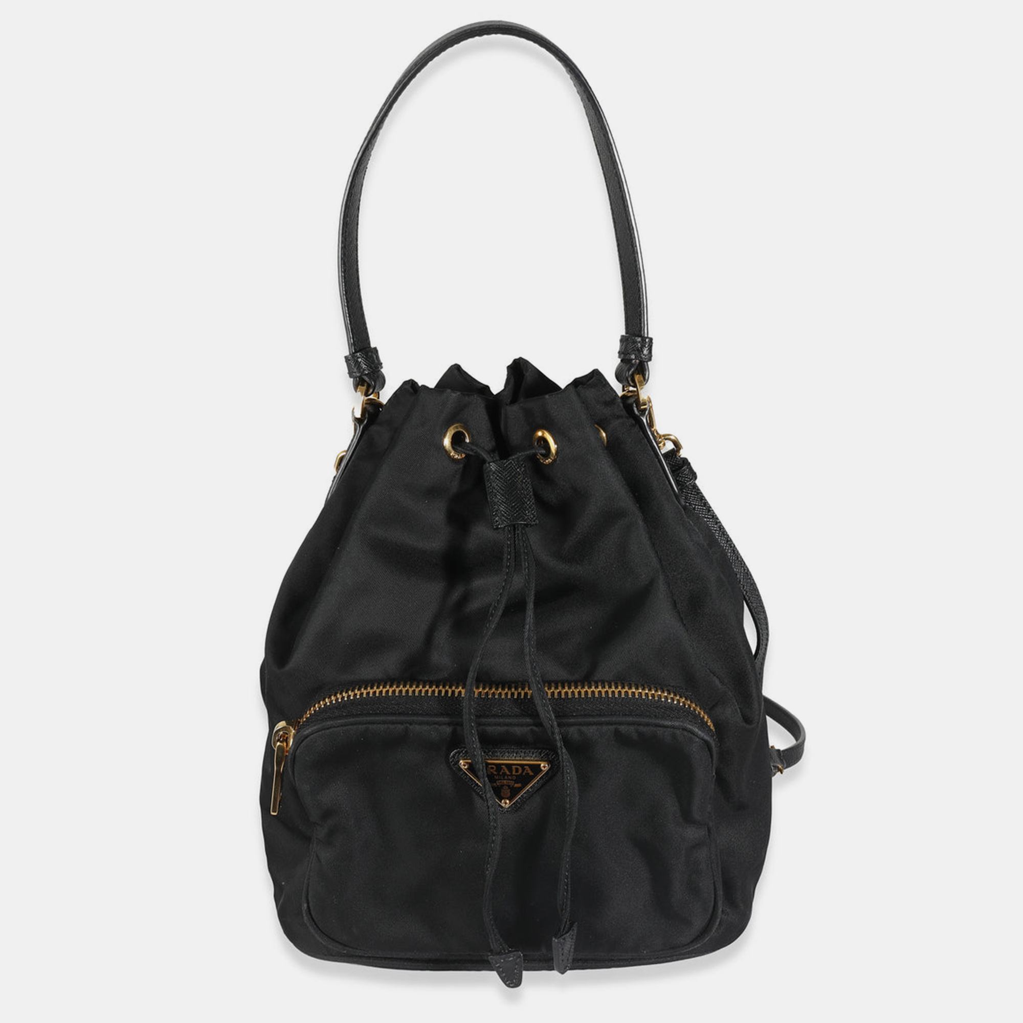 

Prada Black Saffiano Nylon Mini Duet Bucket Bag
