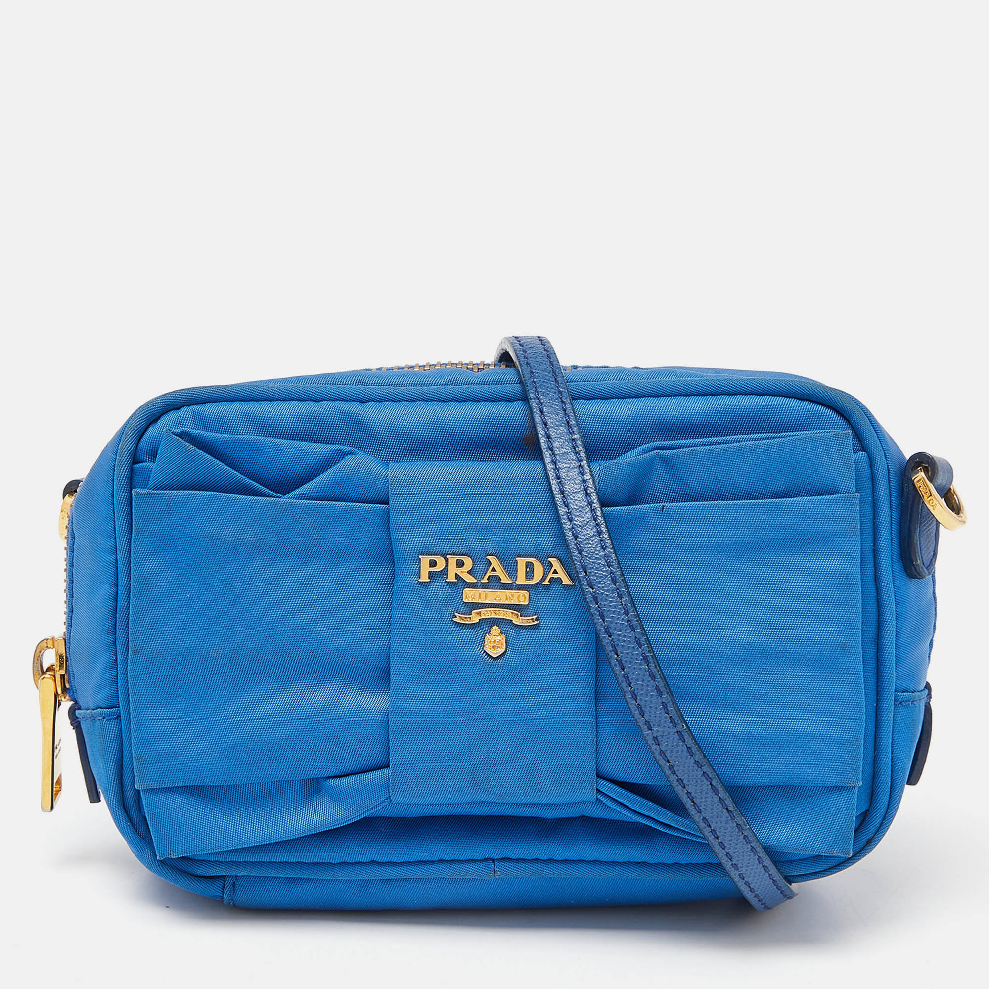 Pre-owned Prada Blue Nylon Mini Bow Crossbody Bag
