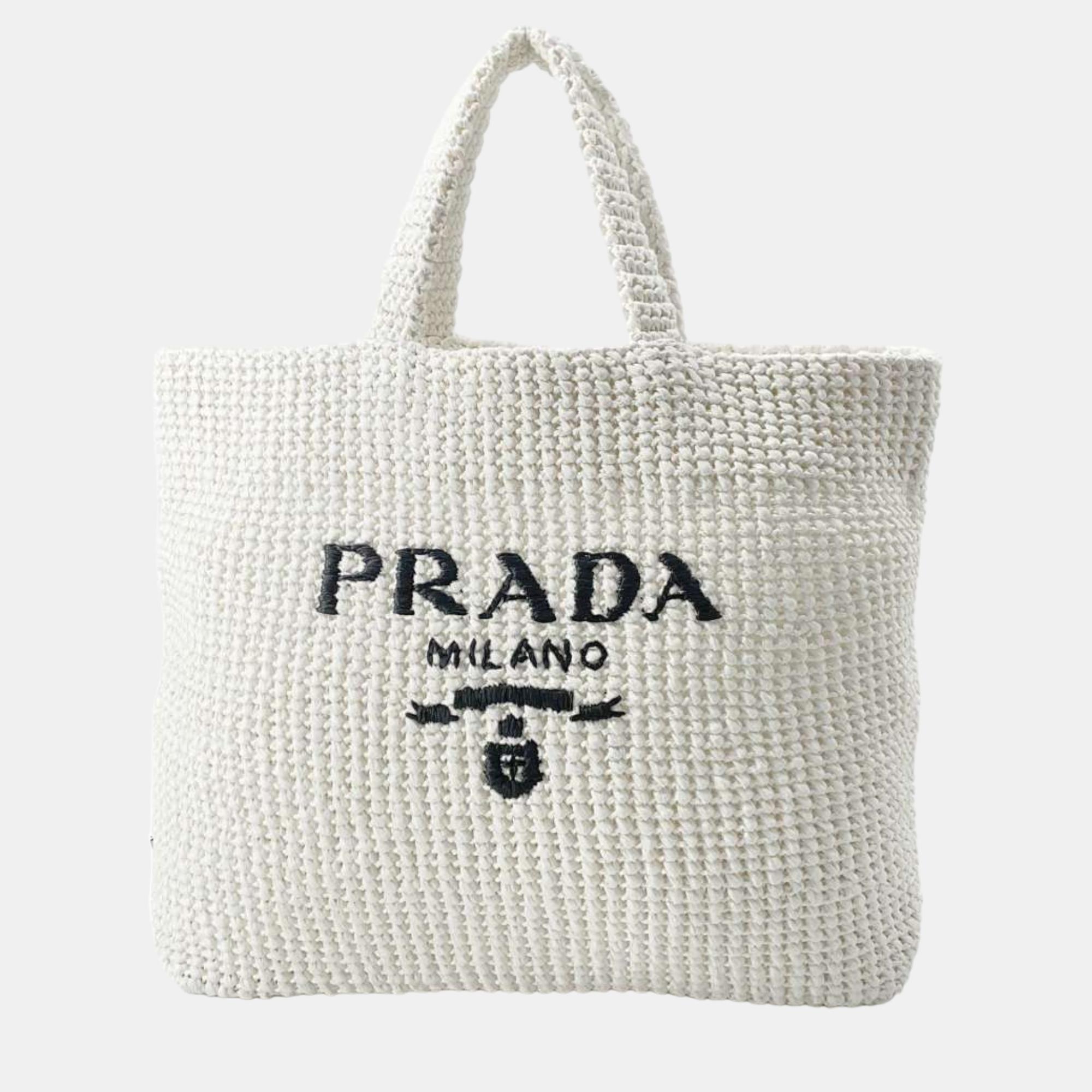 

Prada White Raffia Logo Crochet Tote bag