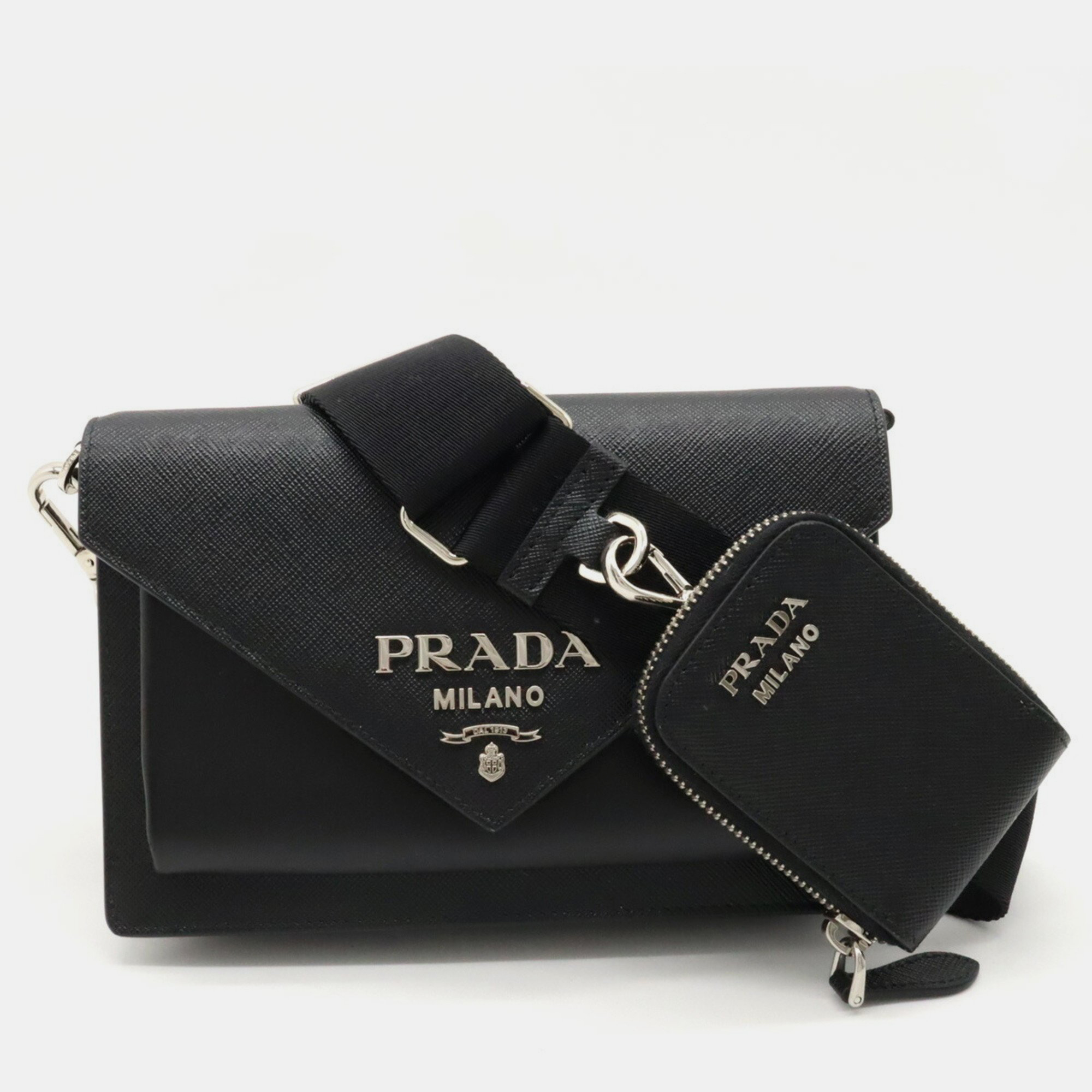 

Prada Black Leather Calf-Trimmed Saffiano Lux Mini Envelope Bag