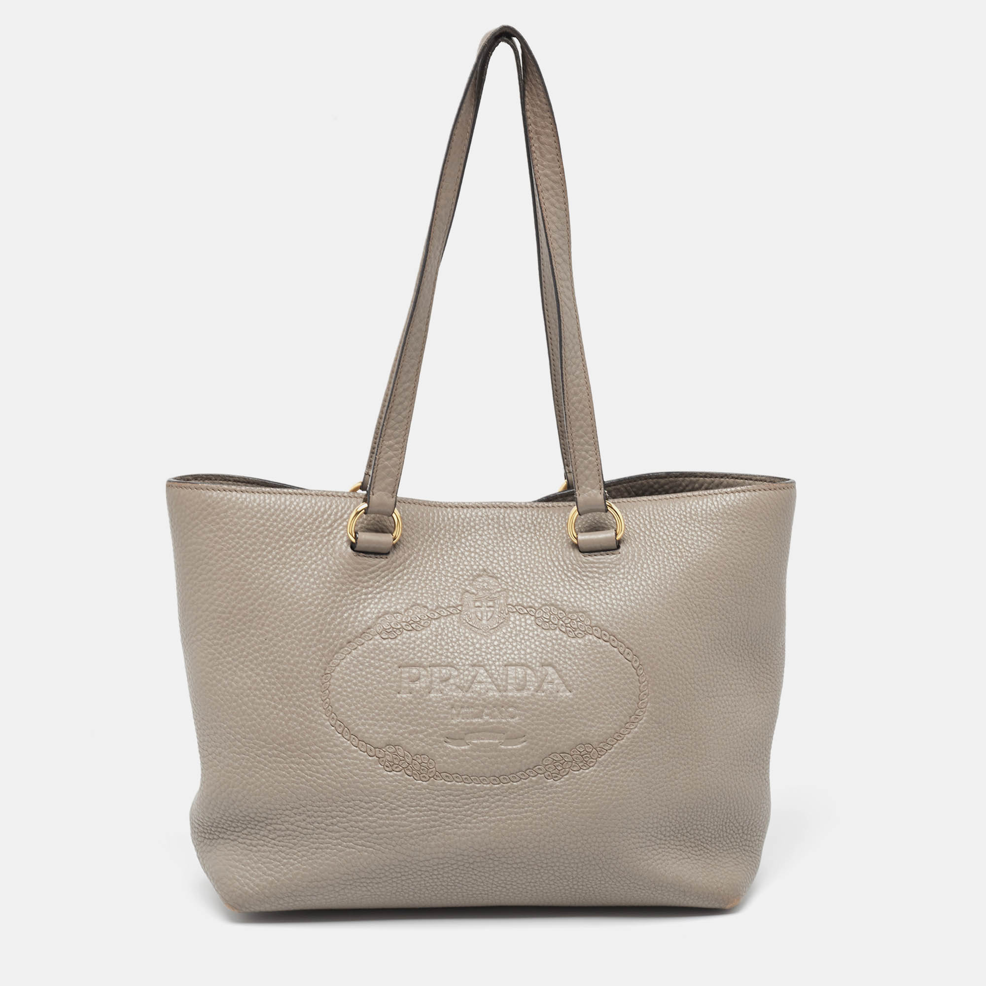 

Prada Grey Vitello Daino Leather Logo Embossed Tote