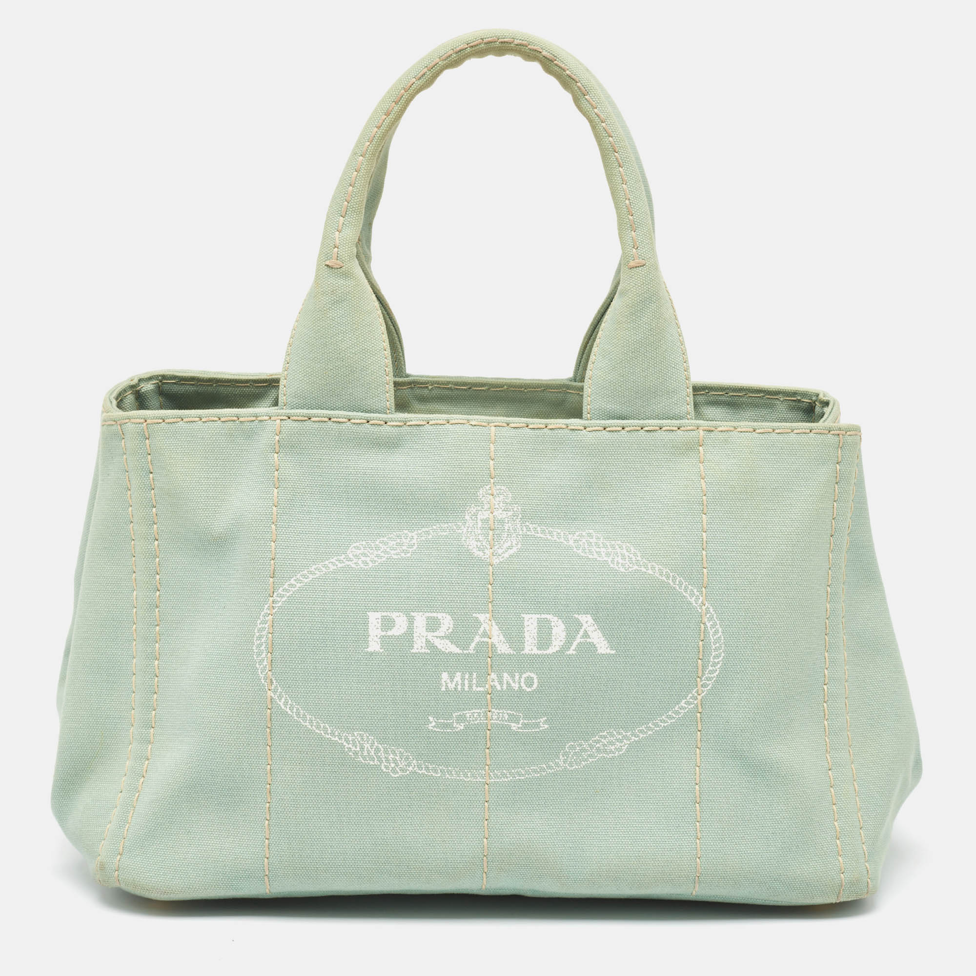 Pre-owned Prada Aqua Marine Canvas Logo Print Shopper Tote In Green