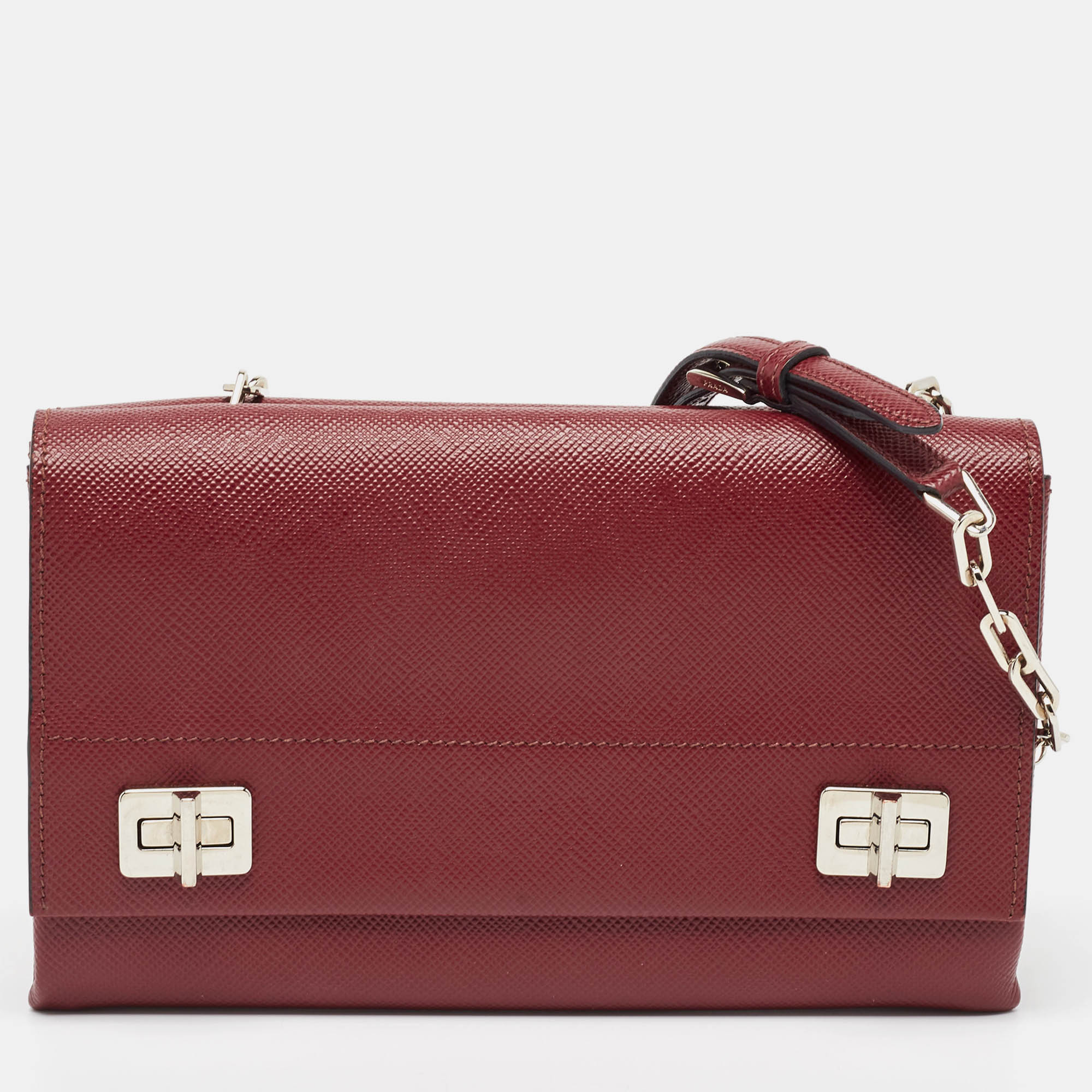 

Prada Dark Red Saffiano Cuir Leather Double Shoulder Bag