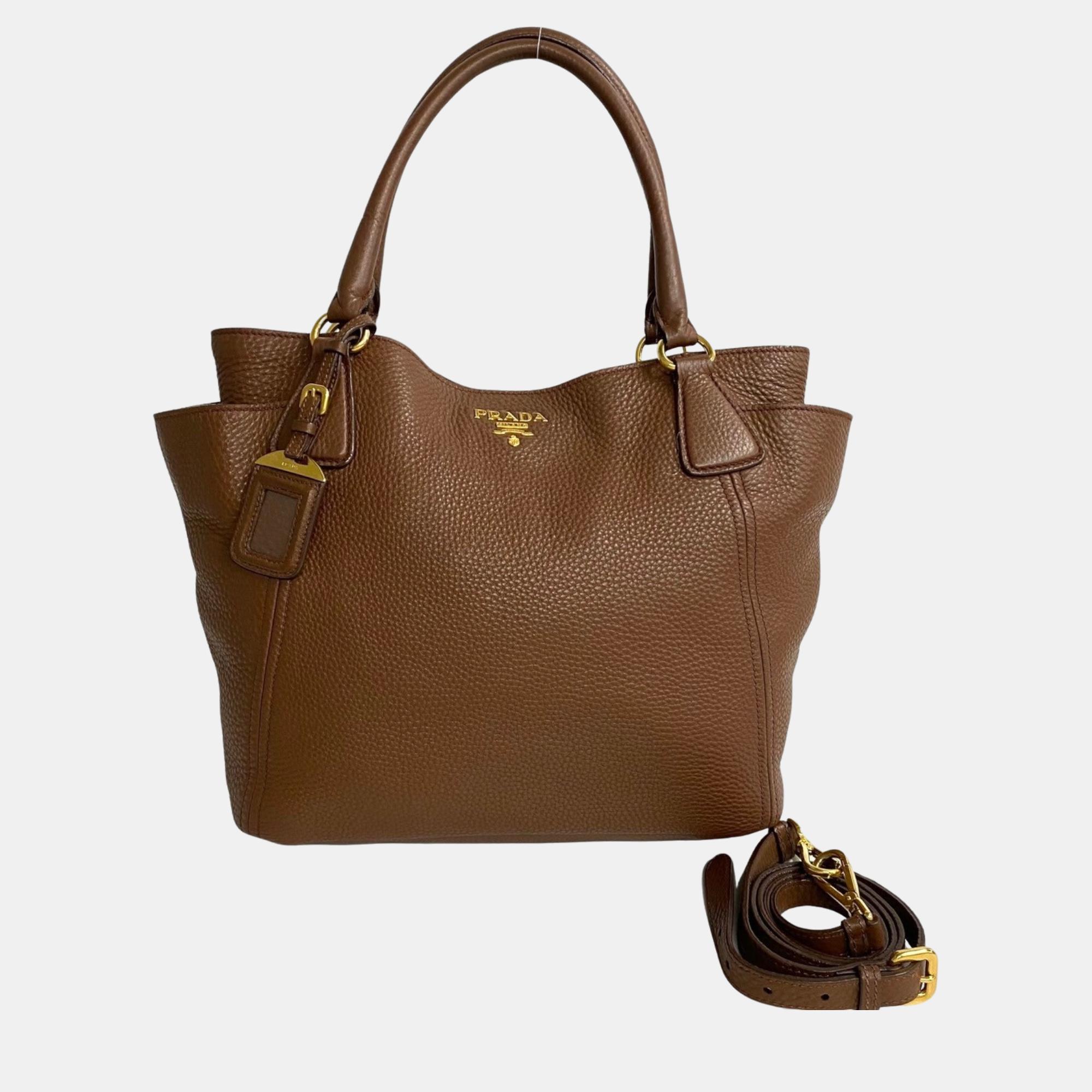 Pre-owned Prada Brown Leather Vitello Danio Side Pocket Shopping Tote Bag