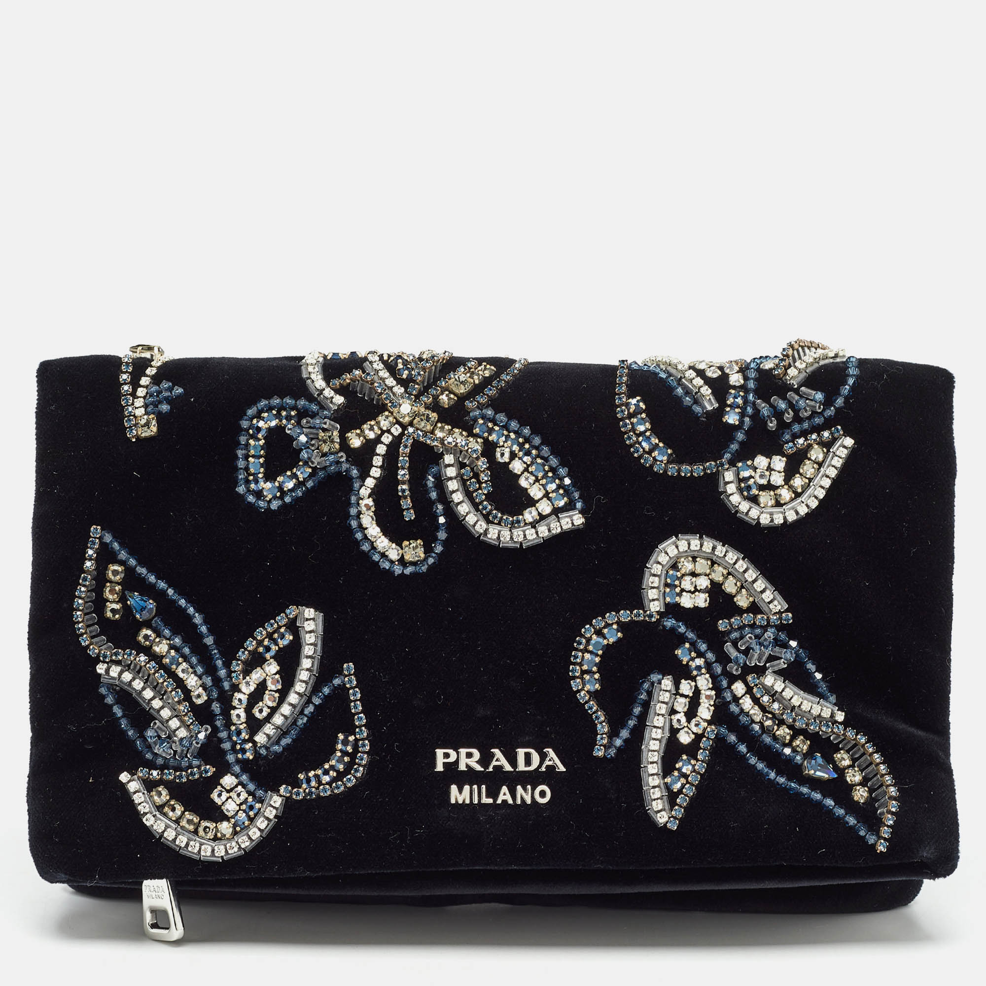 

Prada Black Velvet Crystals Embellished Fold Over Clutch