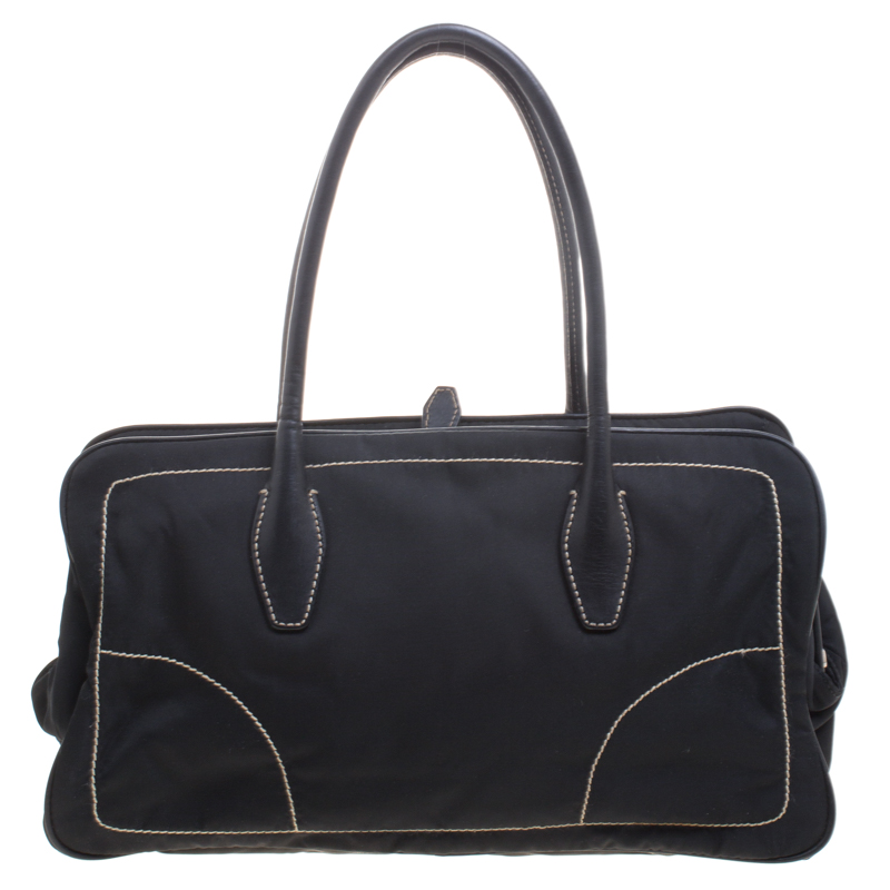 Pre Owned Prada Black Tessuto Framed Satchel