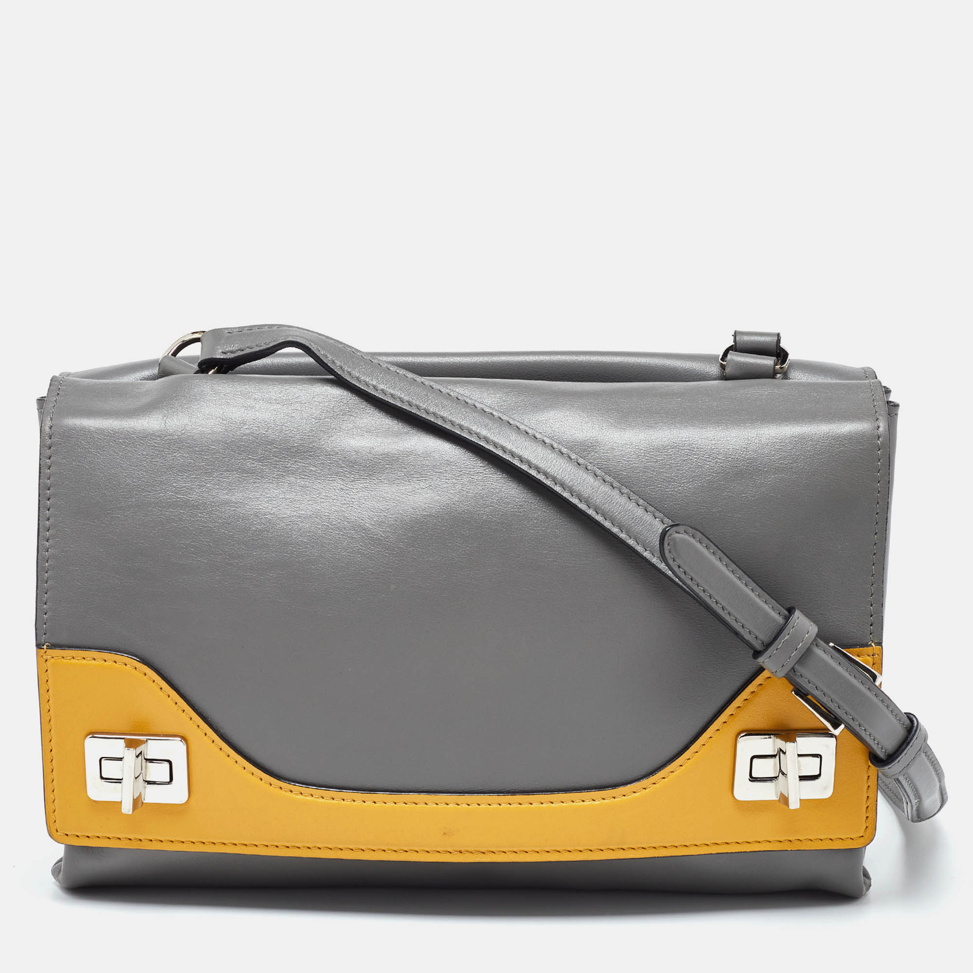 Pre-owned Prada Grey/yellow Vitello Soft Leather Double Flap Bag